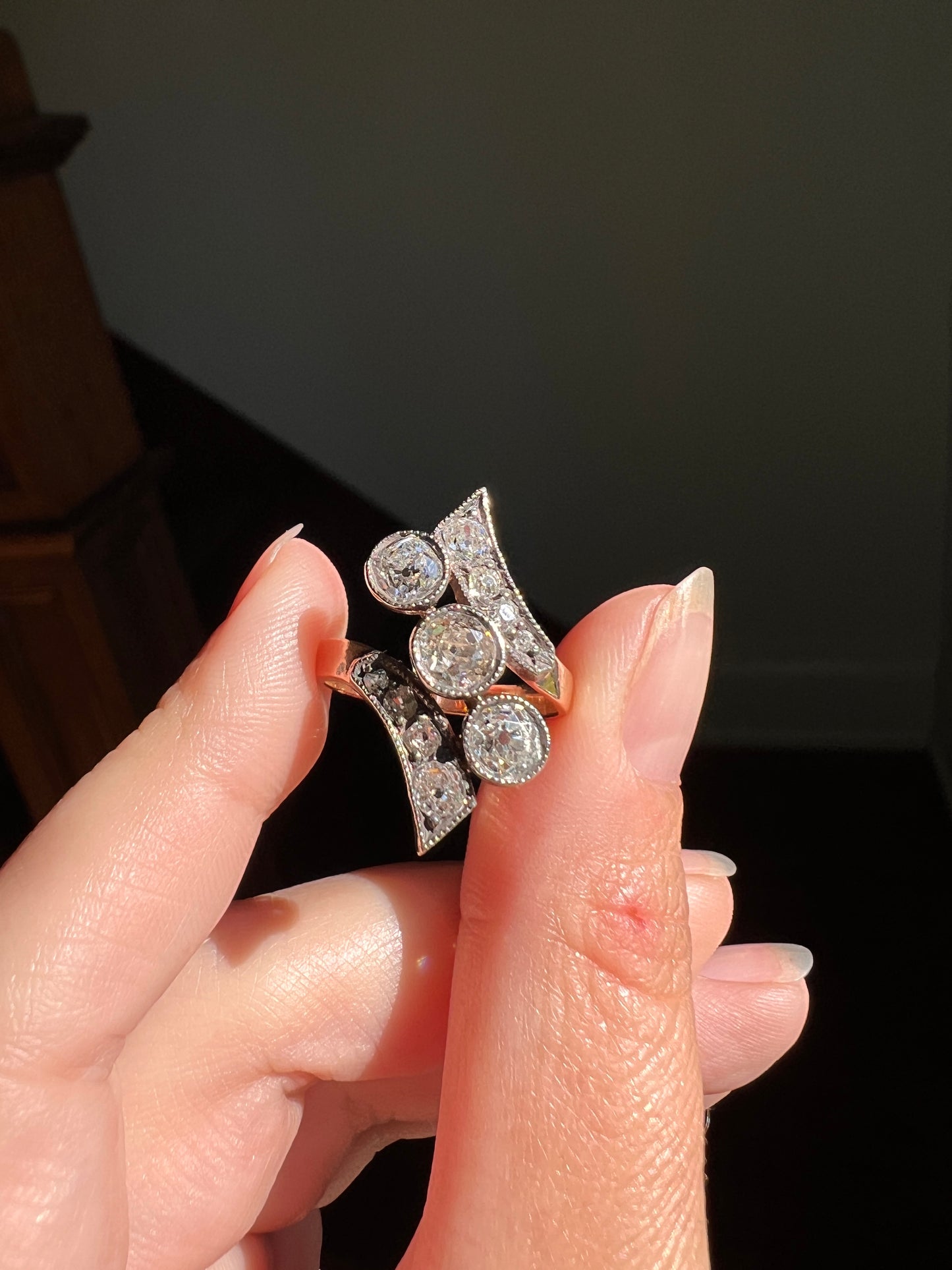 BYPASS Antique 2.1 CARATS Old Mine Cut DIAMOND Chunky Ring 14k Gold & Silver