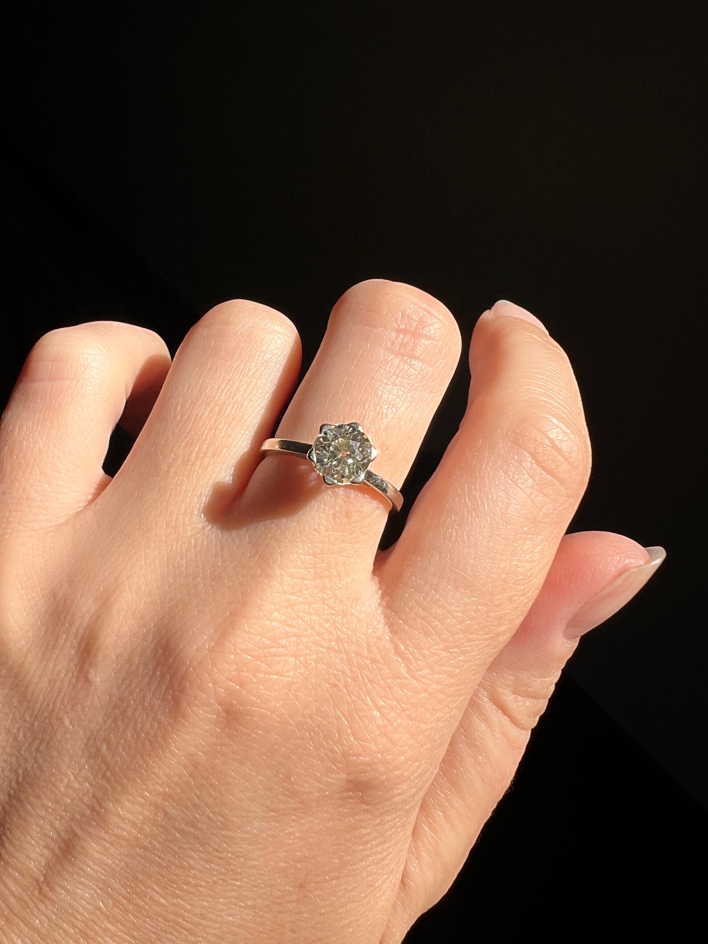 Antique 1 CARAT Old Mine Cut DIAMOND Solitaire Engagement Ring 18k White Gold PLATINUM French Art Deco Warm Very Pale Yellow Tall
