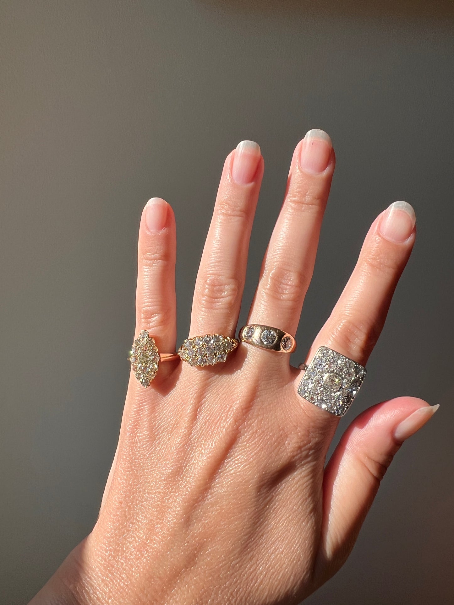 Three Stone 1.15 Carat Old European Cut ANTIQUE 18k Rose Gold Ring Gypsy Band French Unisex