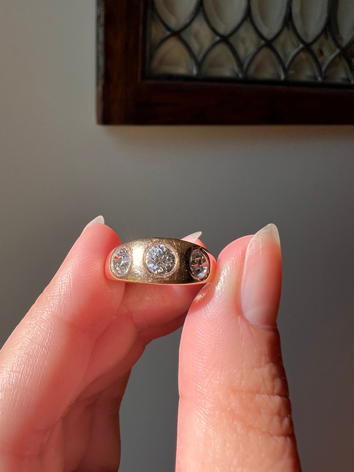 Three Stone 1.15 Carat Old European Cut ANTIQUE 18k Rose Gold Ring Gypsy Band French Unisex