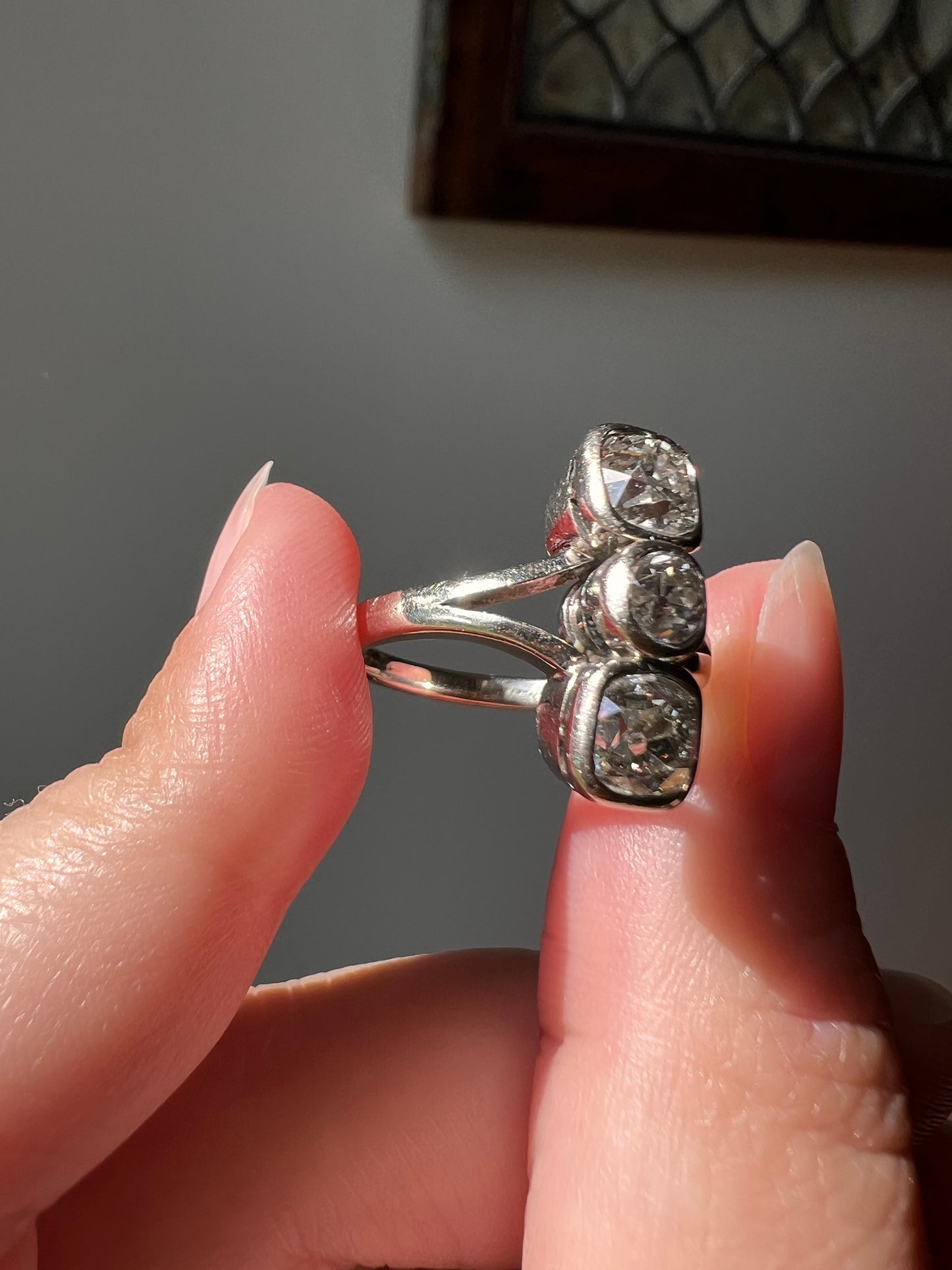 Three Stone 1.75 CARAT Old Mine Cut DIAMOND French Antique 18k White Gold Ring
