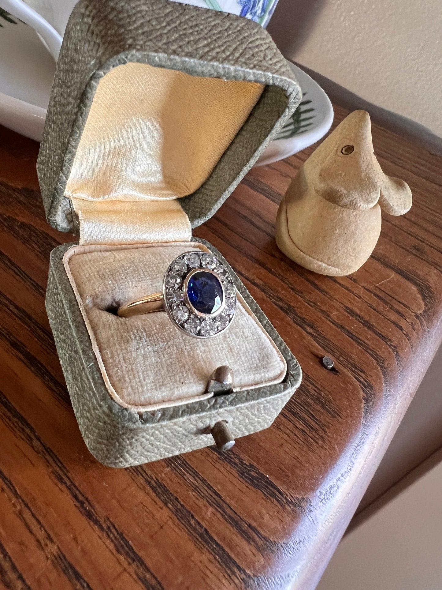 Natural SAPPHIRE French ANTIQUE 1 Carat Old Mine Cut DIAMOND Halo Ring 18k Gold Silver Blue Oval