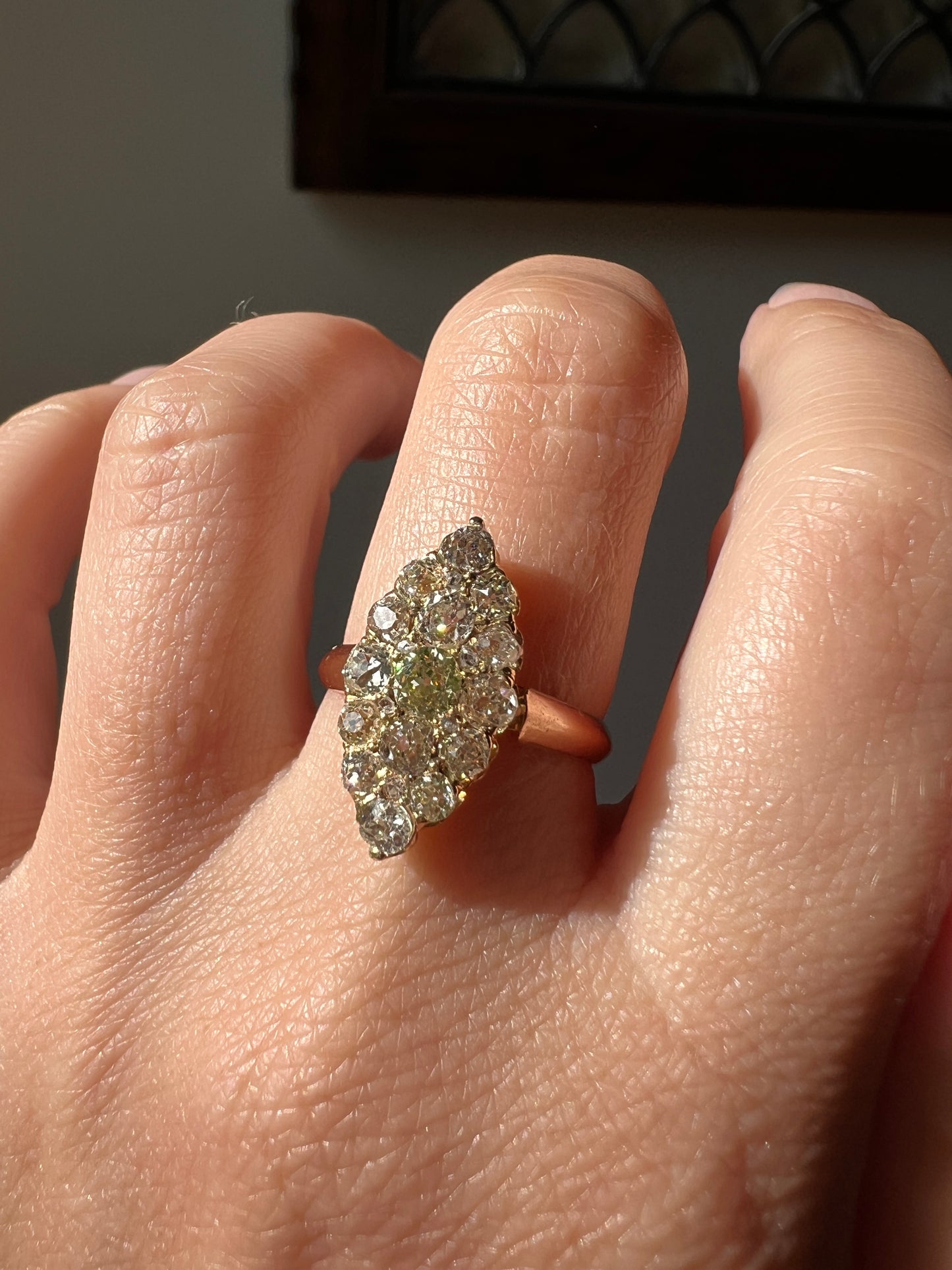 NAVETTE 1.2 Carat Old Mine Cut DIAMOND Yellow Green Victorian Antique 18k Gold Ring
