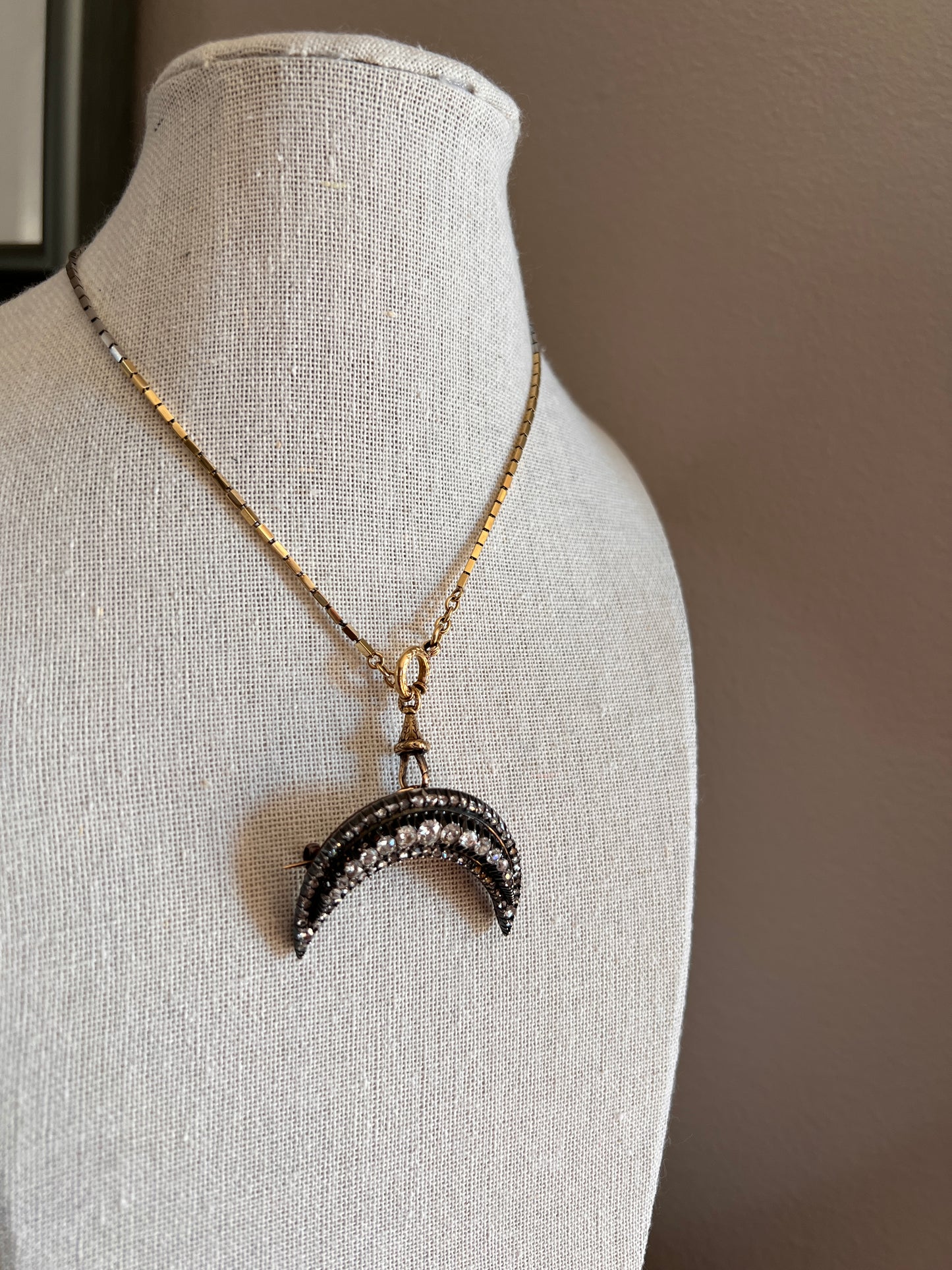 Special XL Crescent MOON 2 3/4 Carats Rose Old Mine European Cut DIAMOND Brooch Pendant French Antique 14k Rose Gold Silver