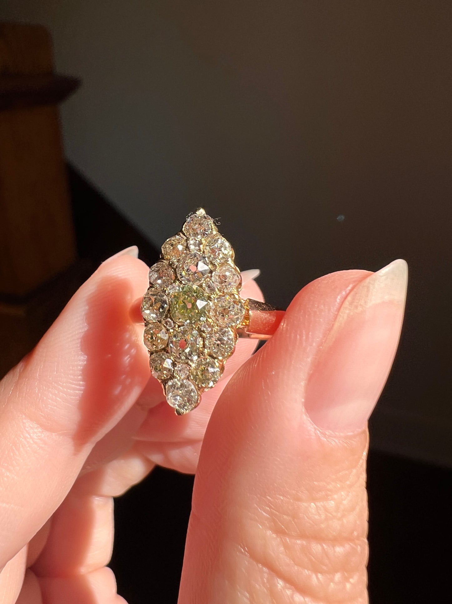 NAVETTE 1.2 Carat Old Mine Cut DIAMOND Yellow Green Victorian Antique 18k Gold Ring