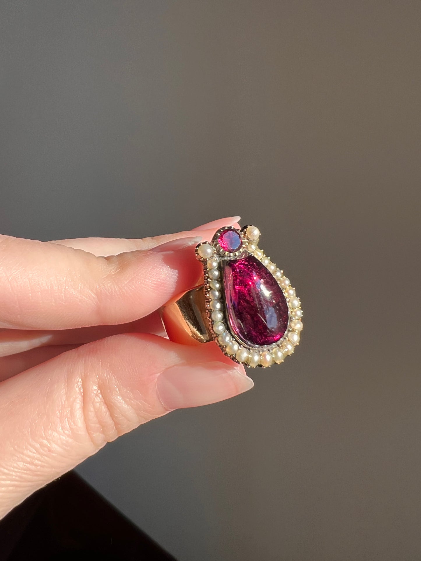 GEORGIAN Era Juicy GARNET Pearl Halo HARP Large Figural Heavy 14g 18k Gold Solid Wide Cigar Band Rare