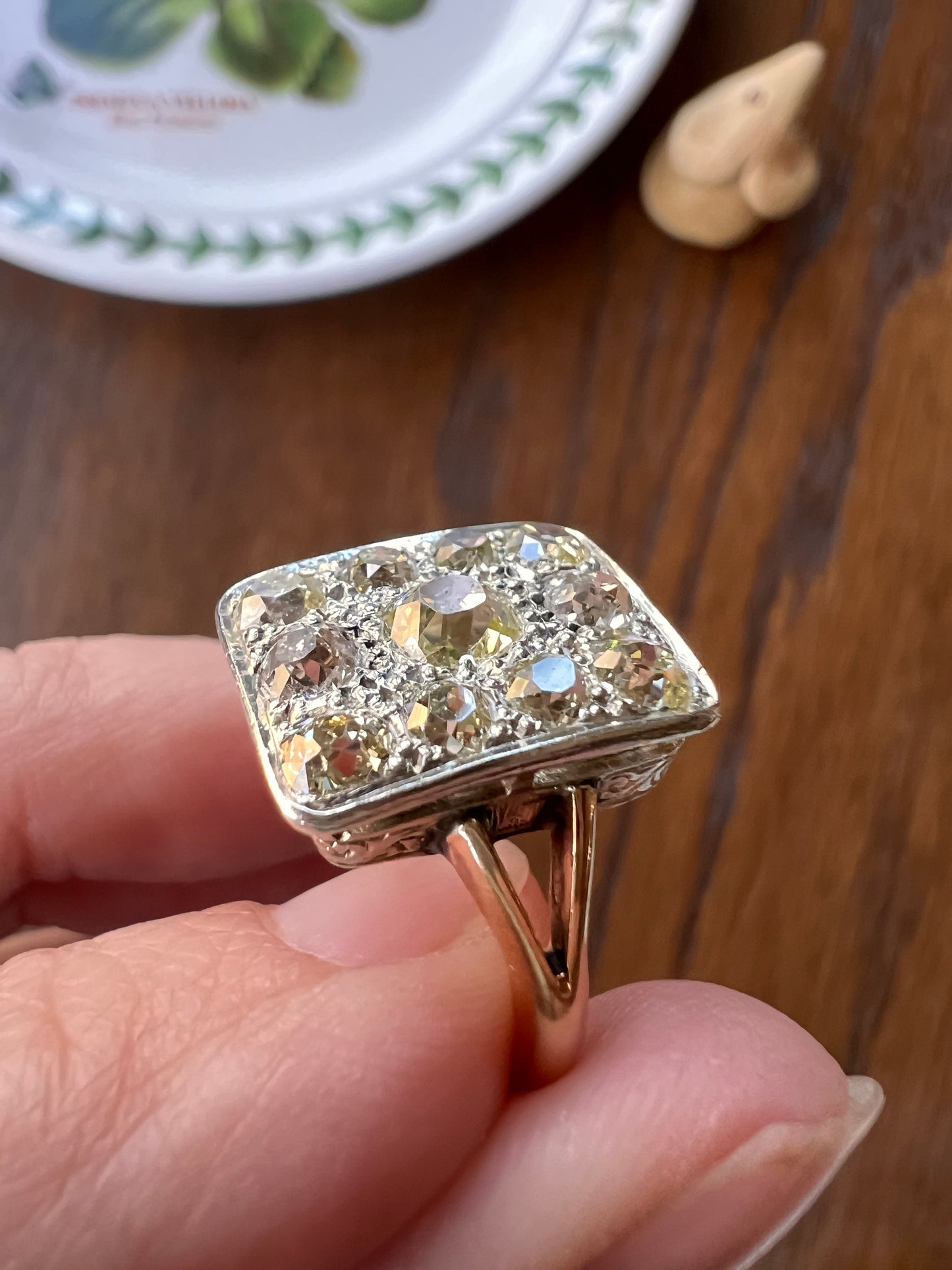 YELLOW Champagne Brown 1.75 Carat Old Mine Cut DIAMOND Grid Cluster Ring 18k Gold