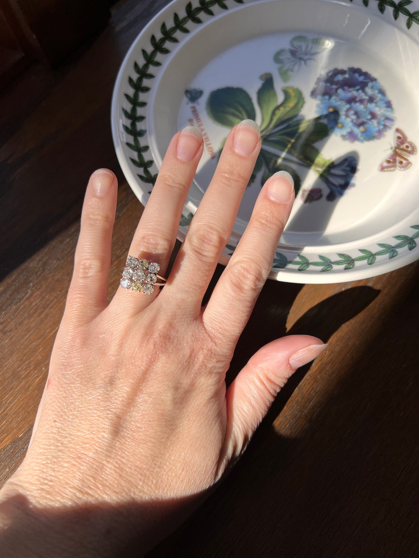 SQUARE Domed Grid French ANTIQUE 1.75 Carats Old Mine Cut Yellow & White DIAMOND Cluster Ring 18k White Gold