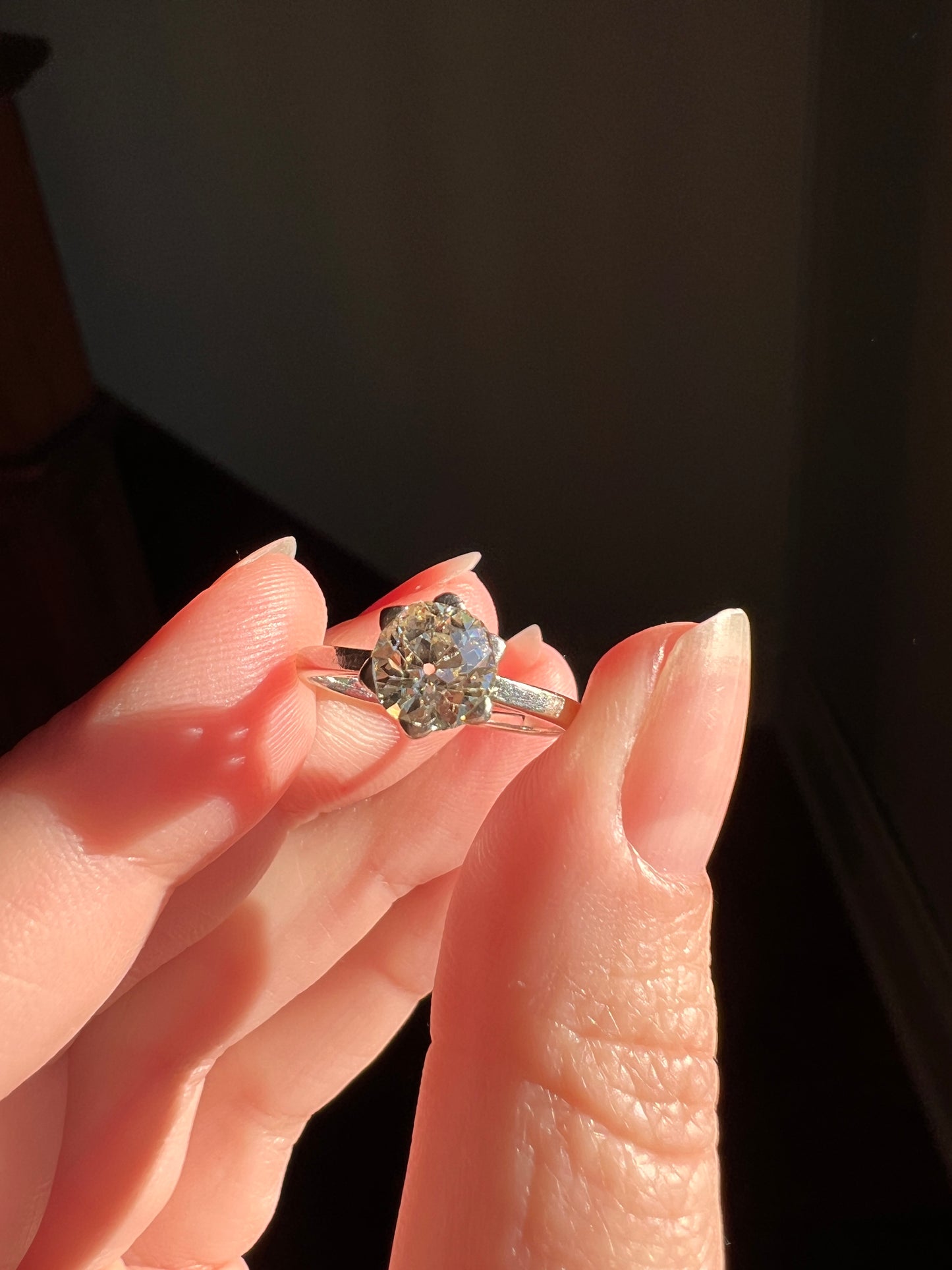 Antique 1 CARAT Old Mine Cut DIAMOND Solitaire Engagement Ring 18k White Gold PLATINUM French Art Deco Warm Very Pale Yellow Tall