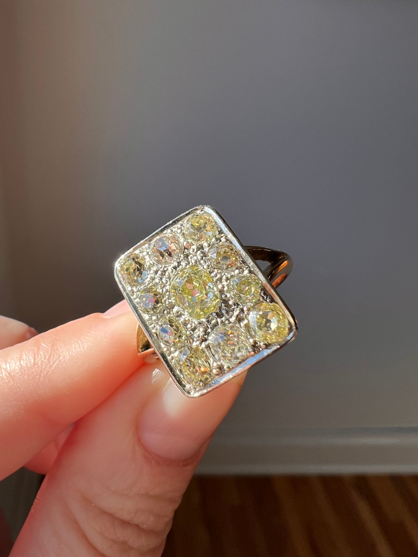YELLOW Champagne Brown 1.75 Carat Old Mine Cut DIAMOND Grid Cluster Ring 18k Gold
