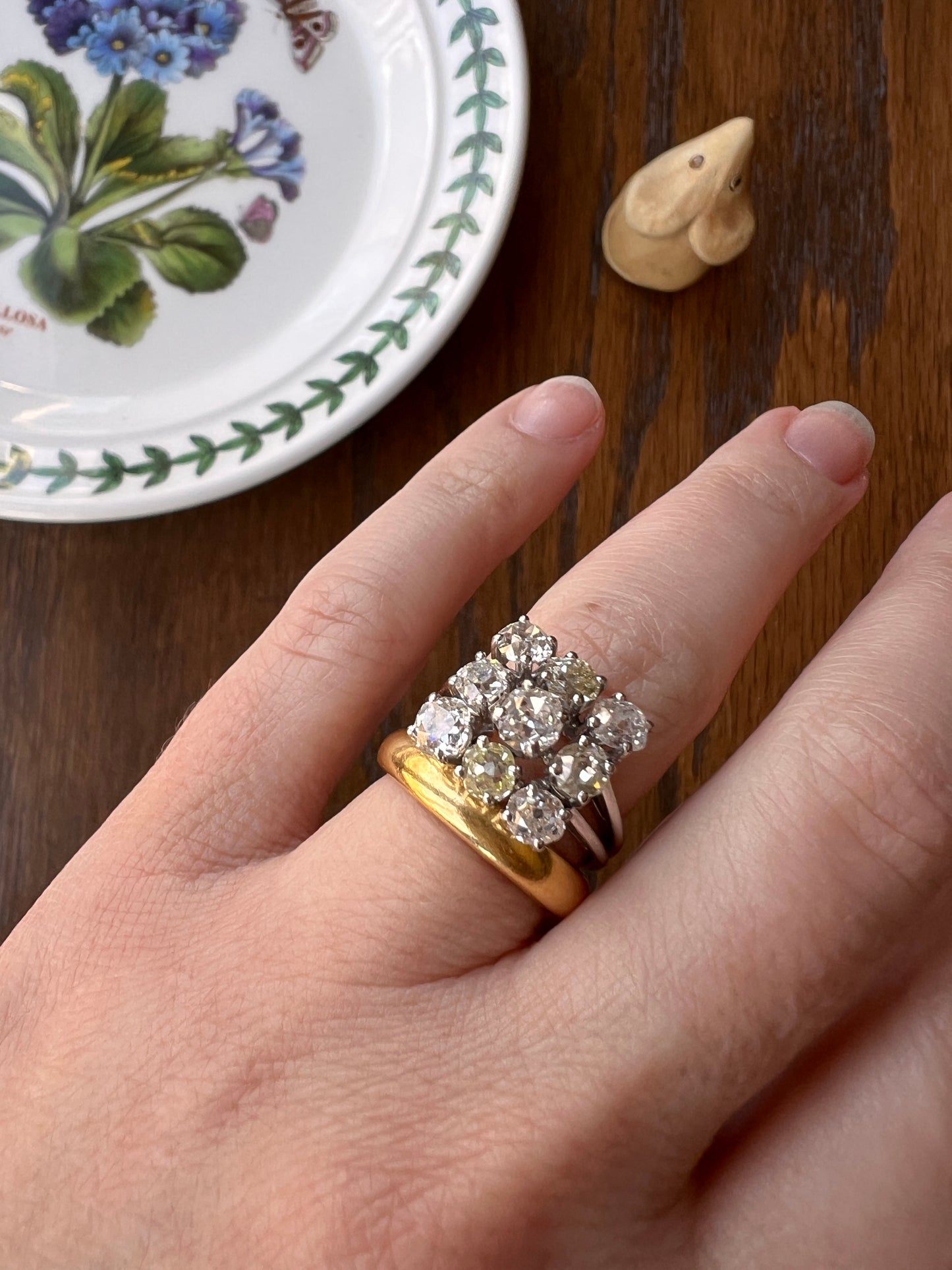 SQUARE Domed Grid French ANTIQUE 1.75 Carats Old Mine Cut Yellow & White DIAMOND Cluster Ring 18k White Gold