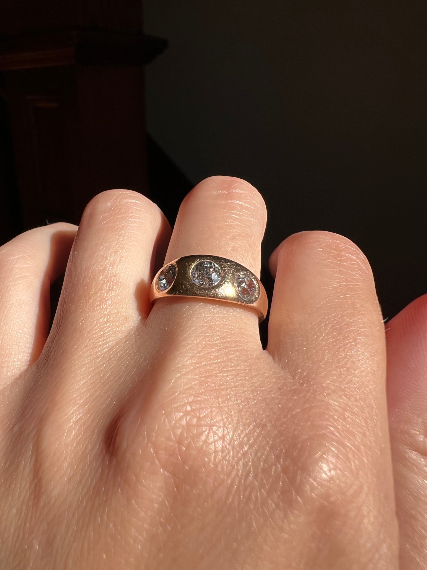 Three Stone 1.15 Carat Old European Cut ANTIQUE 18k Rose Gold Ring Gypsy Band French Unisex