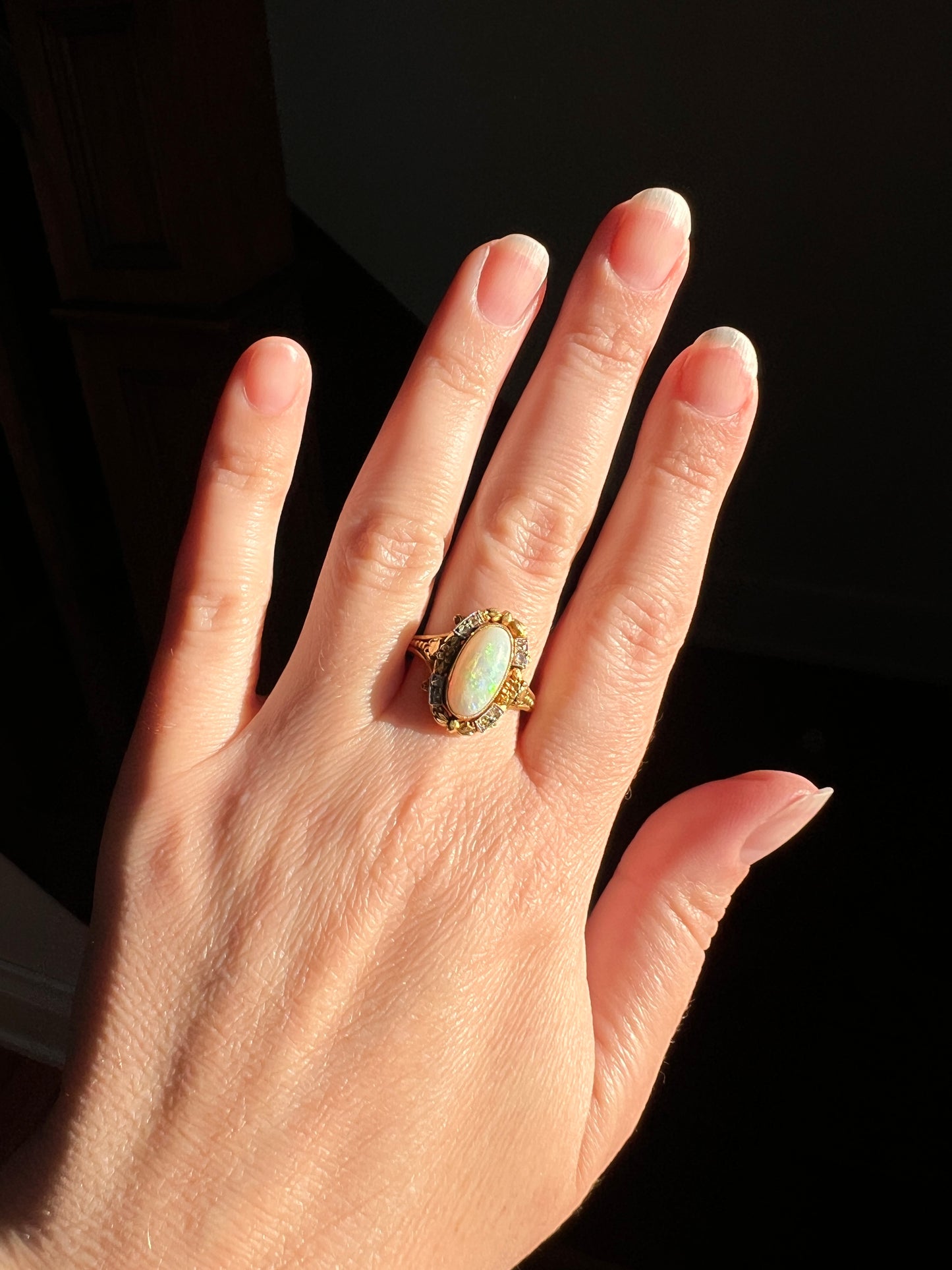 Unique OPAL Art NOUVEAU Floral Garland French Antique 18k Gold Rose Cut Diamond Ring Bows Forget Me Not Halo