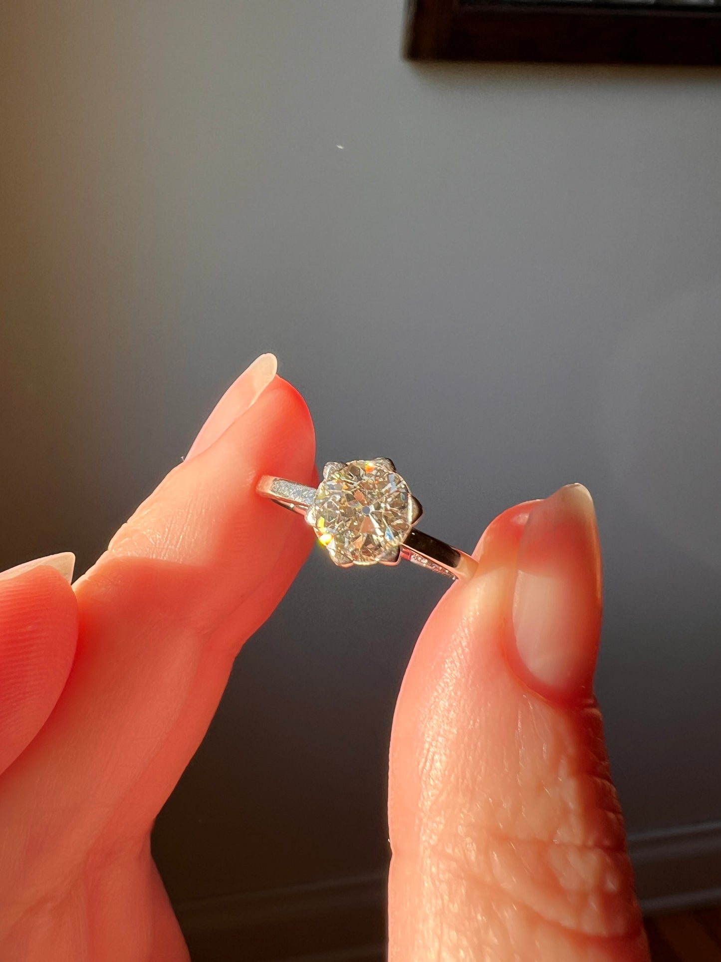 Antique 1 CARAT Old Mine Cut DIAMOND Solitaire Engagement Ring 18k White Gold PLATINUM French Art Deco Warm Very Pale Yellow Tall