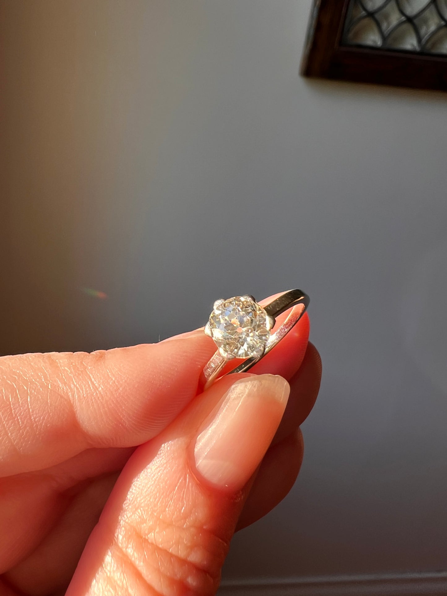 Antique 1 CARAT Old Mine Cut DIAMOND Solitaire Engagement Ring 18k White Gold PLATINUM French Art Deco Warm Very Pale Yellow Tall
