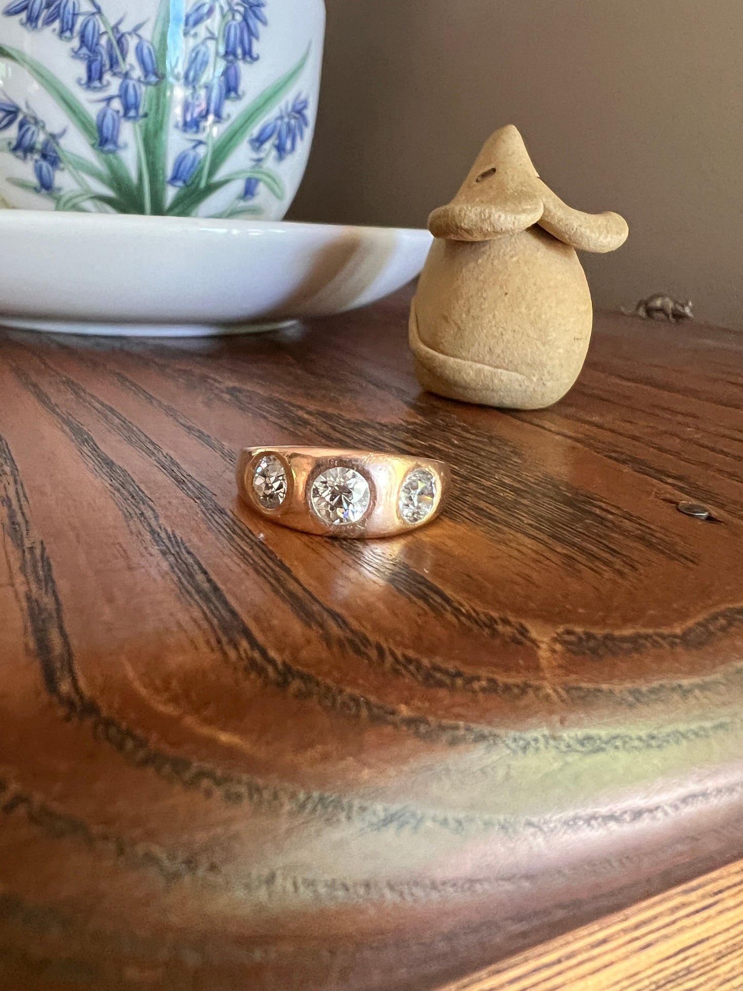 Three Stone 1.15 Carat Old European Cut ANTIQUE 18k Rose Gold Ring Gypsy Band French Unisex