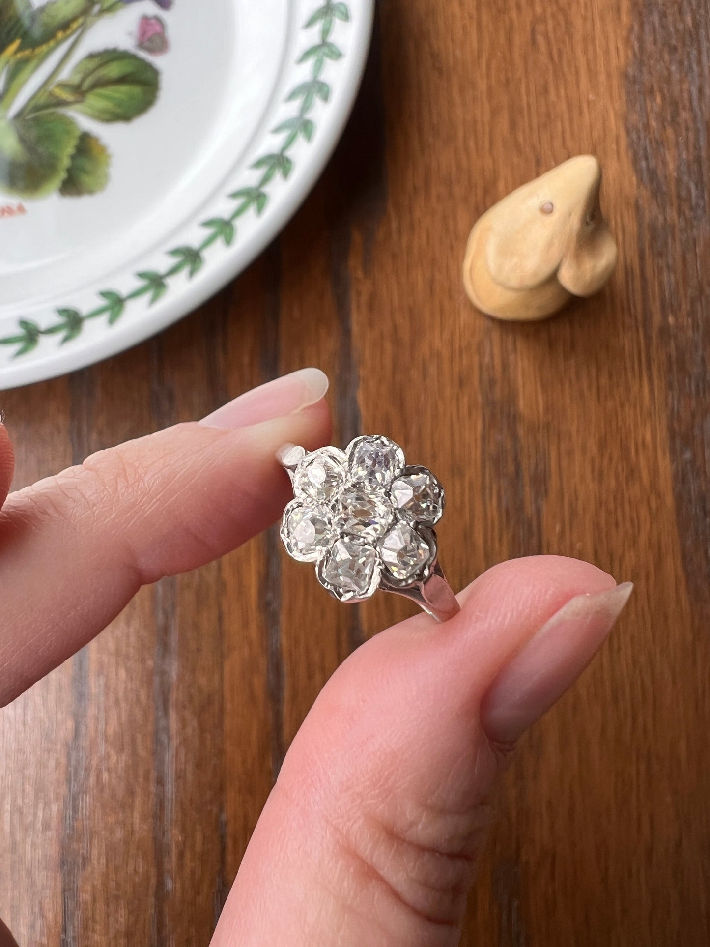 Old Mine Cut DIAMOND 1.2 Carat Daisy Cluster Ring PLATINUM French Antique Seven Stone