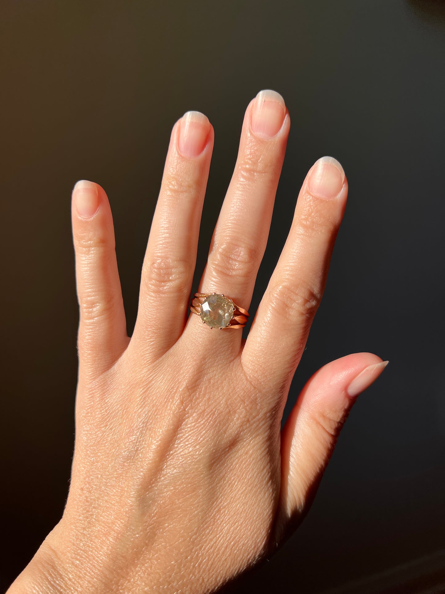 ANTIQUE Large 2.5 Carat Old European Cut DIAMOND Solitaire Ring Warm Pale Yellow Light Brown 18k Rose Gold c1900