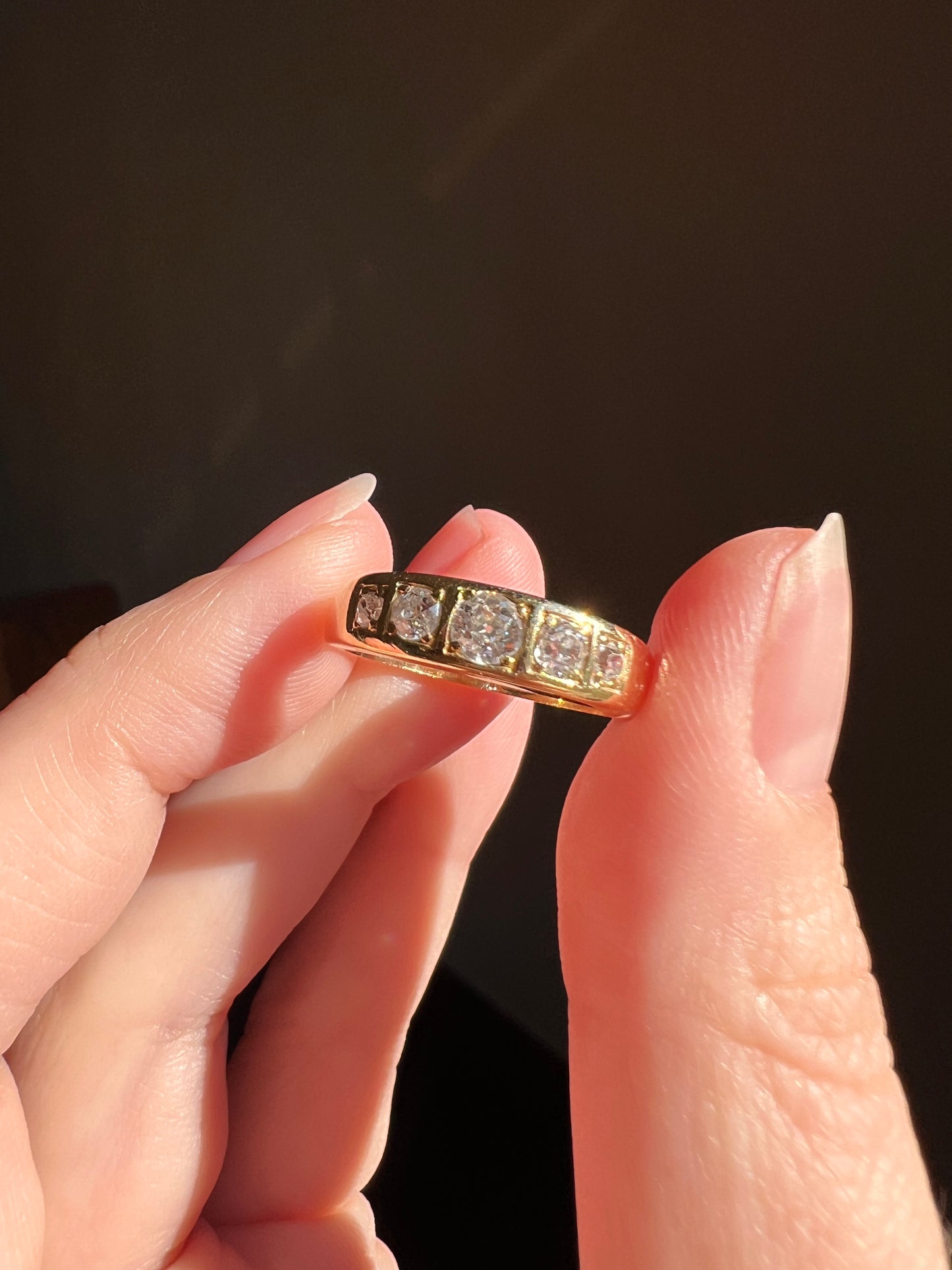 FIVE Stone Old Mine Cut DIAMOND Gypsy Band 18k Gold Antique Ring 0.6 Carat Antique Square Victorian Stacker