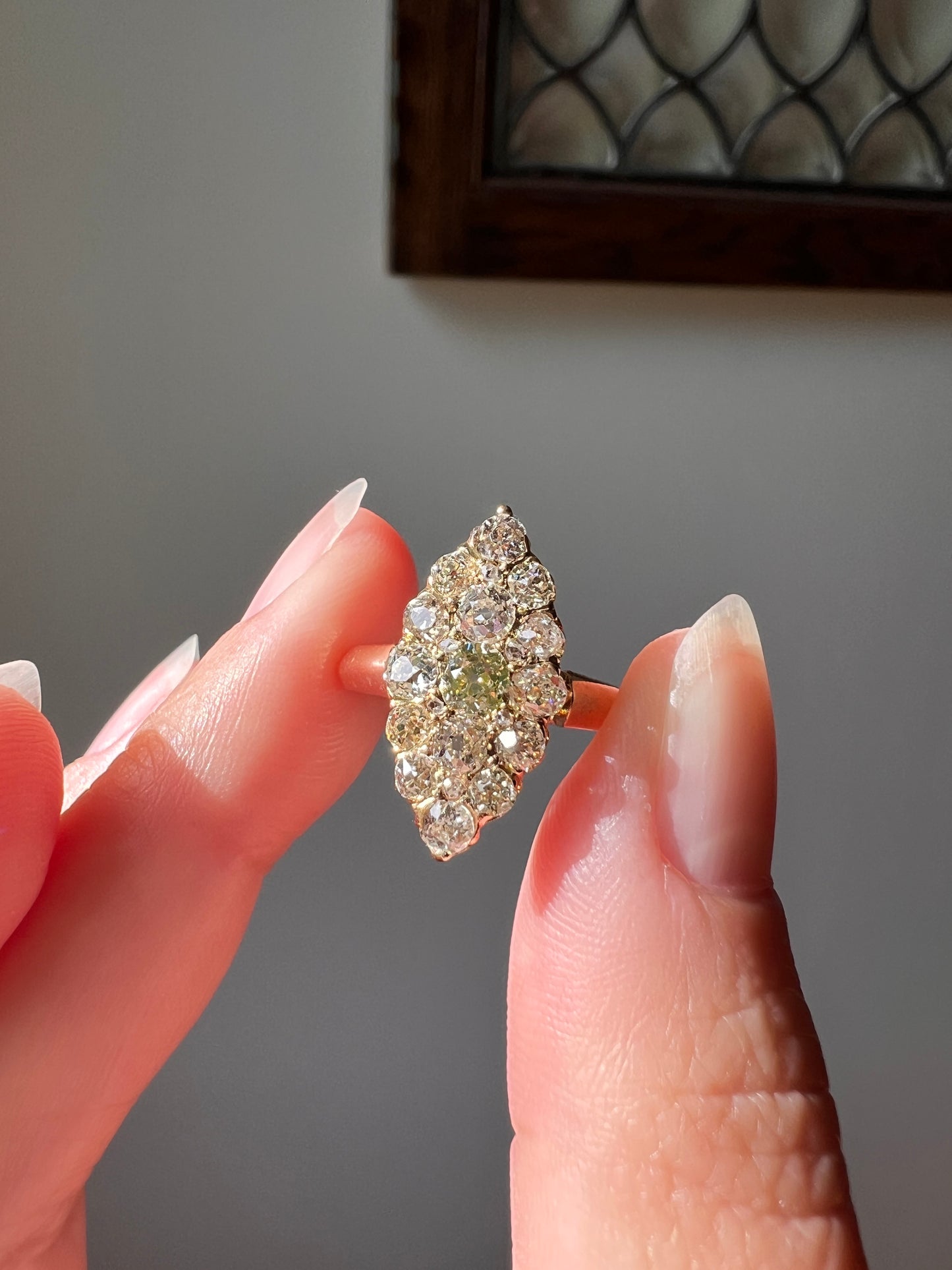 NAVETTE 1.2 Carat Old Mine Cut DIAMOND Yellow Green Victorian Antique 18k Gold Ring