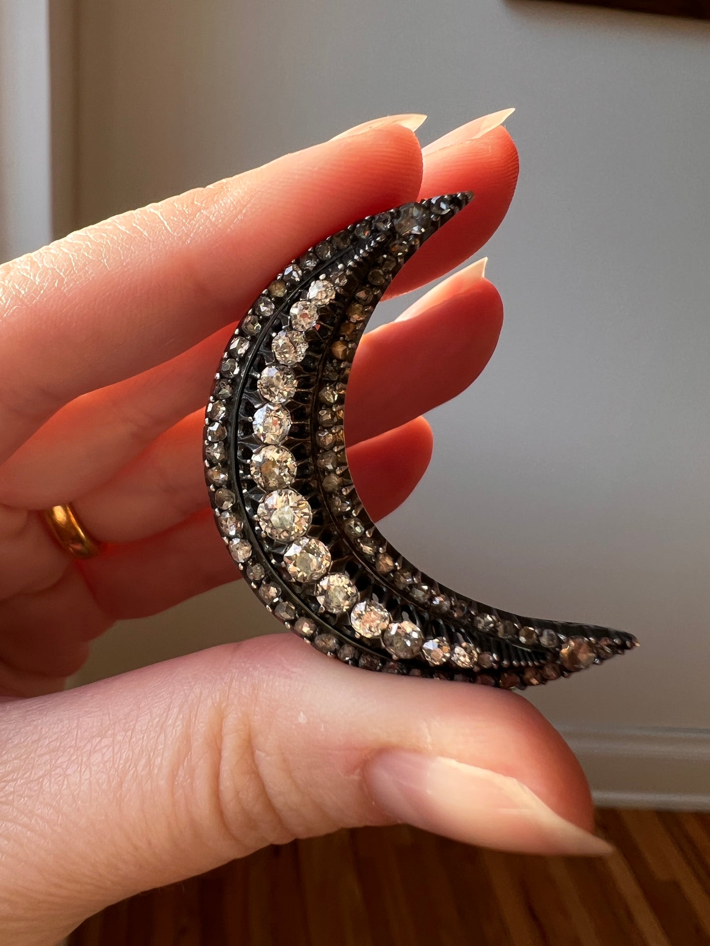 Special XL Crescent MOON 2 3/4 Carats Rose Old Mine European Cut DIAMOND Brooch Pendant French Antique 14k Rose Gold Silver