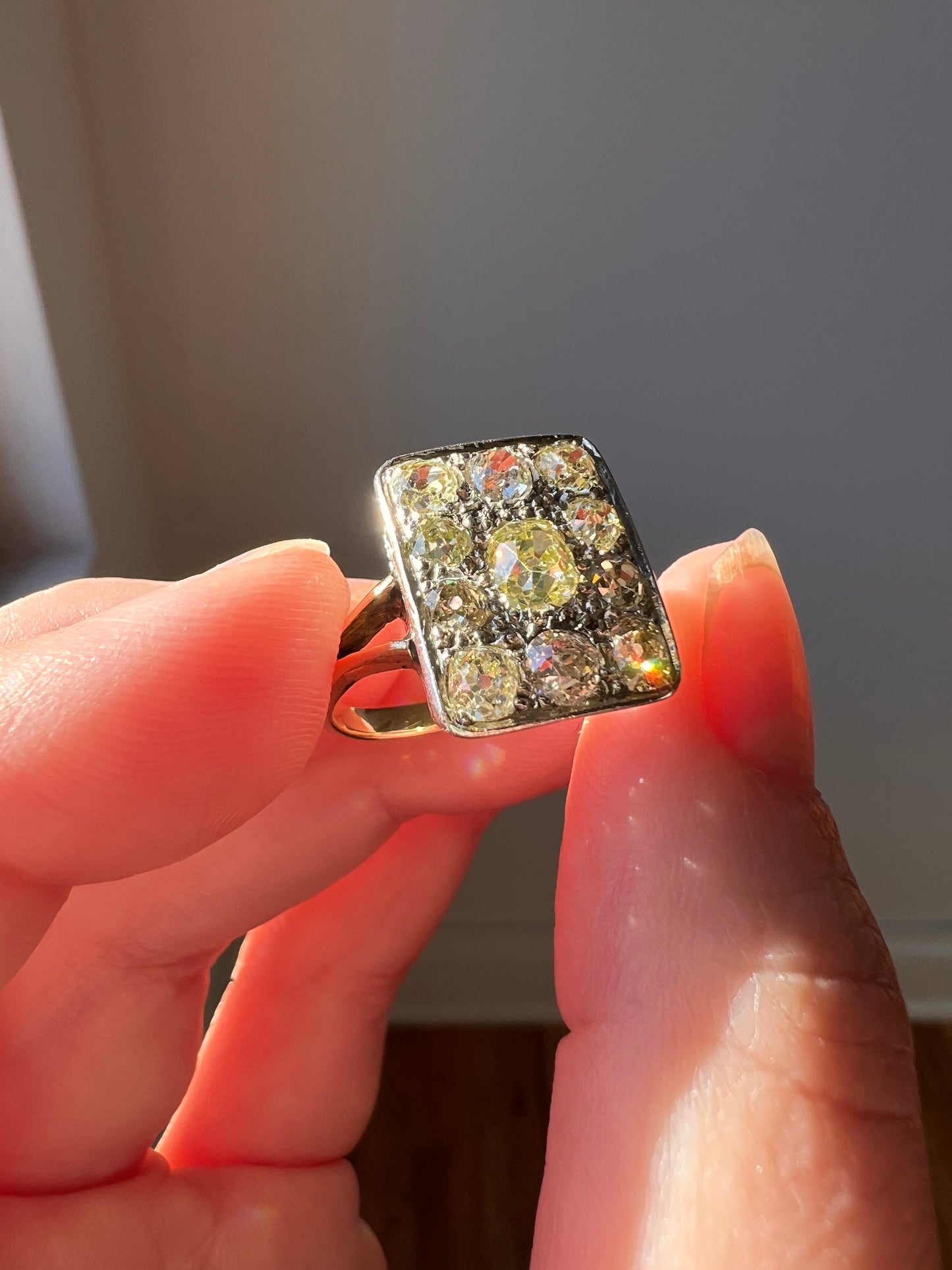 YELLOW Champagne Brown 1.75 Carat Old Mine Cut DIAMOND Grid Cluster Ring 18k Gold