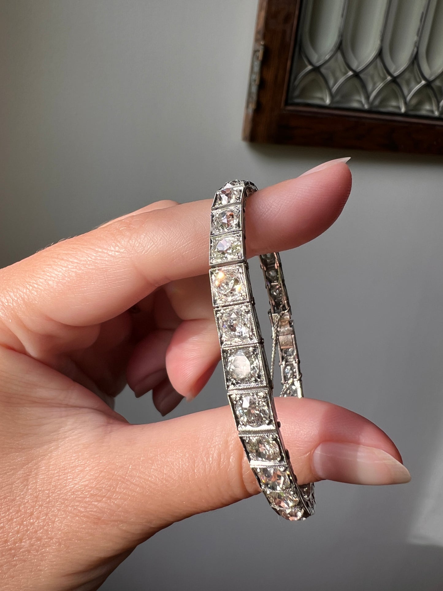 Antique 8 CARATS 32 Old Mine Cut DIAMOND Tennis Line Bracelet PLATINUM French Edwardian