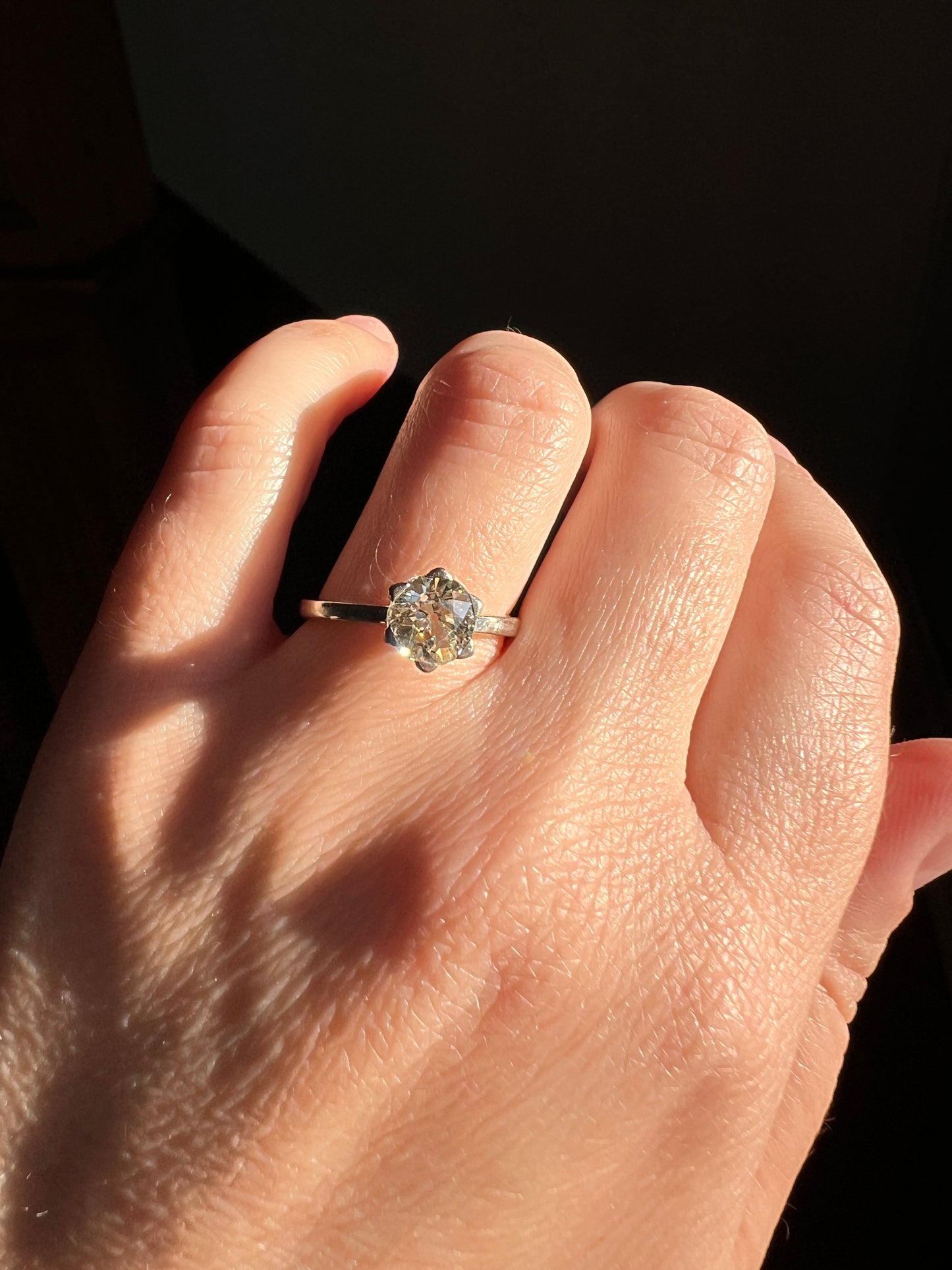 Antique 1 CARAT Old Mine Cut DIAMOND Solitaire Engagement Ring 18k White Gold PLATINUM French Art Deco Warm Very Pale Yellow Tall