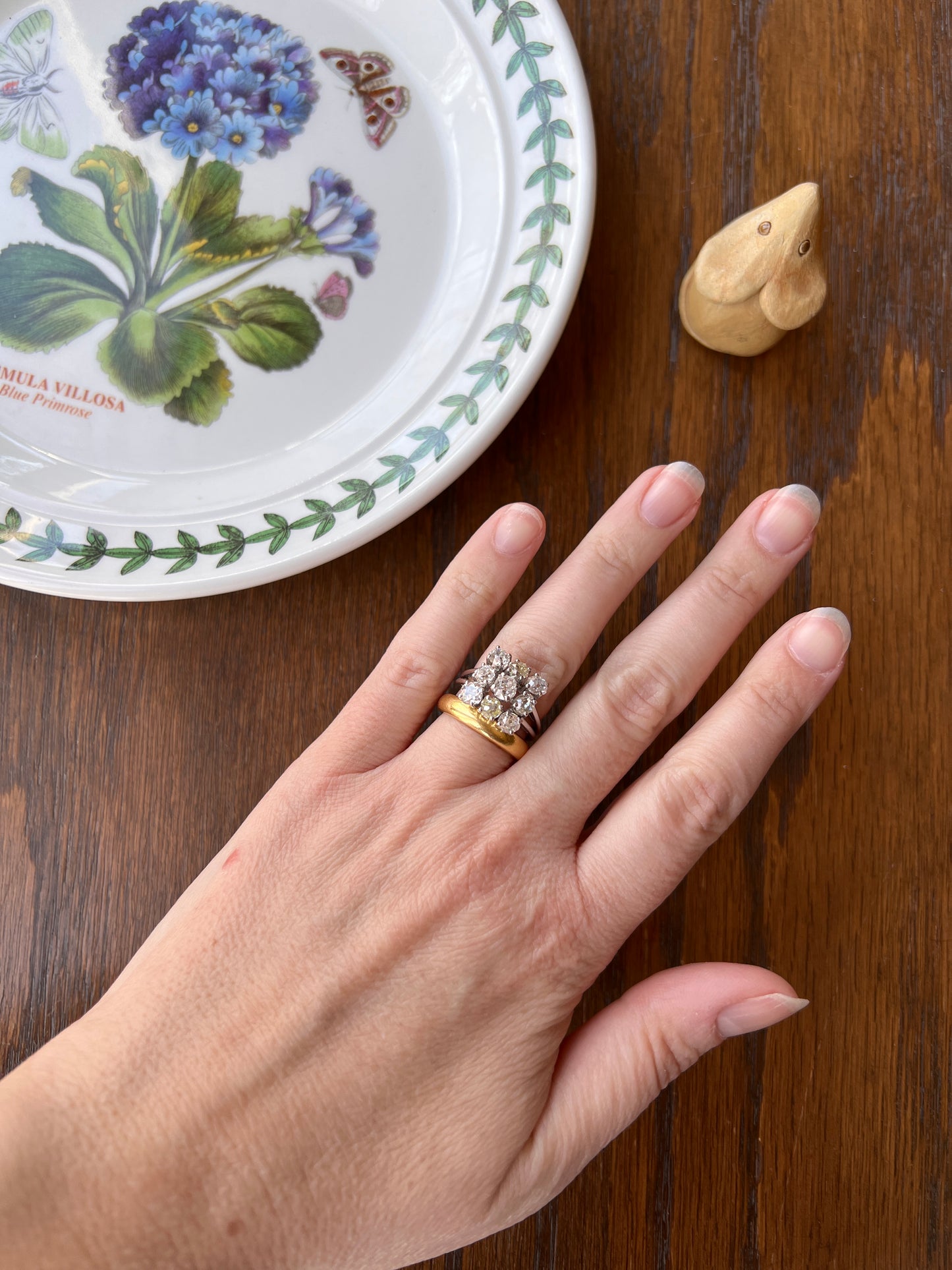 SQUARE Domed Grid French ANTIQUE 1.75 Carats Old Mine Cut Yellow & White DIAMOND Cluster Ring 18k White Gold