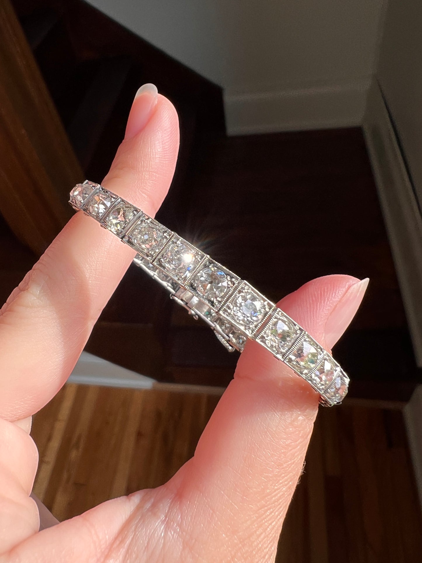 Antique 8 CARATS 32 Old Mine Cut DIAMOND Tennis Line Bracelet PLATINUM French Edwardian