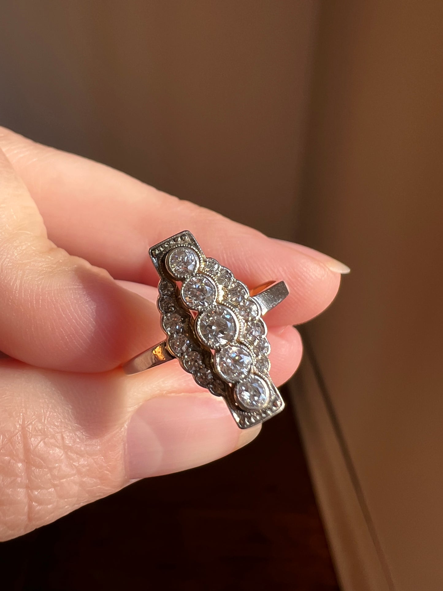 Unique Old European Cut DIAMOND Ring French Architectural Scalloped Halo Antique 18k Gold & Platinum