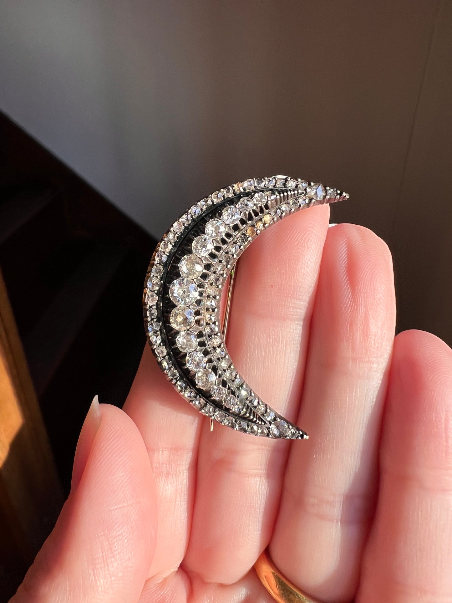 Special XL Crescent MOON 2 3/4 Carats Rose Old Mine European Cut DIAMOND Brooch Pendant French Antique 14k Rose Gold Silver