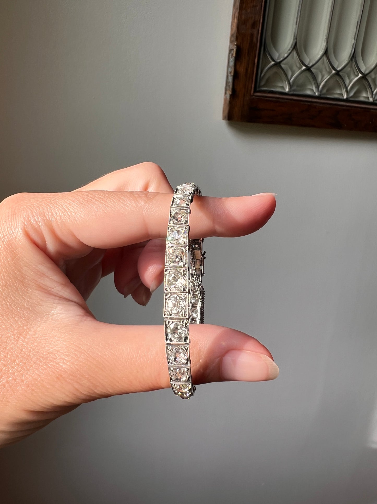 Antique 8 CARATS 32 Old Mine Cut DIAMOND Tennis Line Bracelet PLATINUM French Edwardian