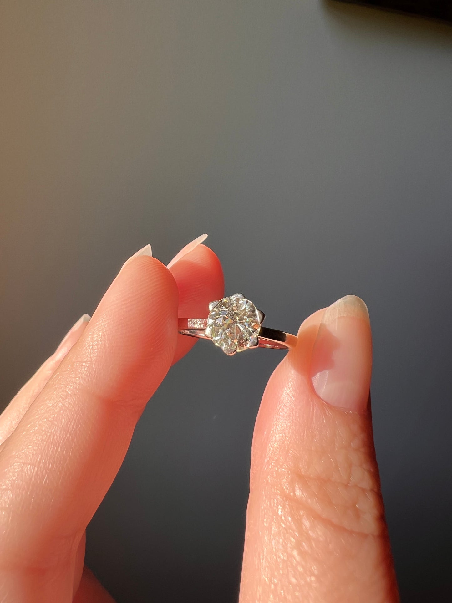 Antique 1 CARAT Old Mine Cut DIAMOND Solitaire Engagement Ring 18k White Gold PLATINUM French Art Deco Warm Very Pale Yellow Tall