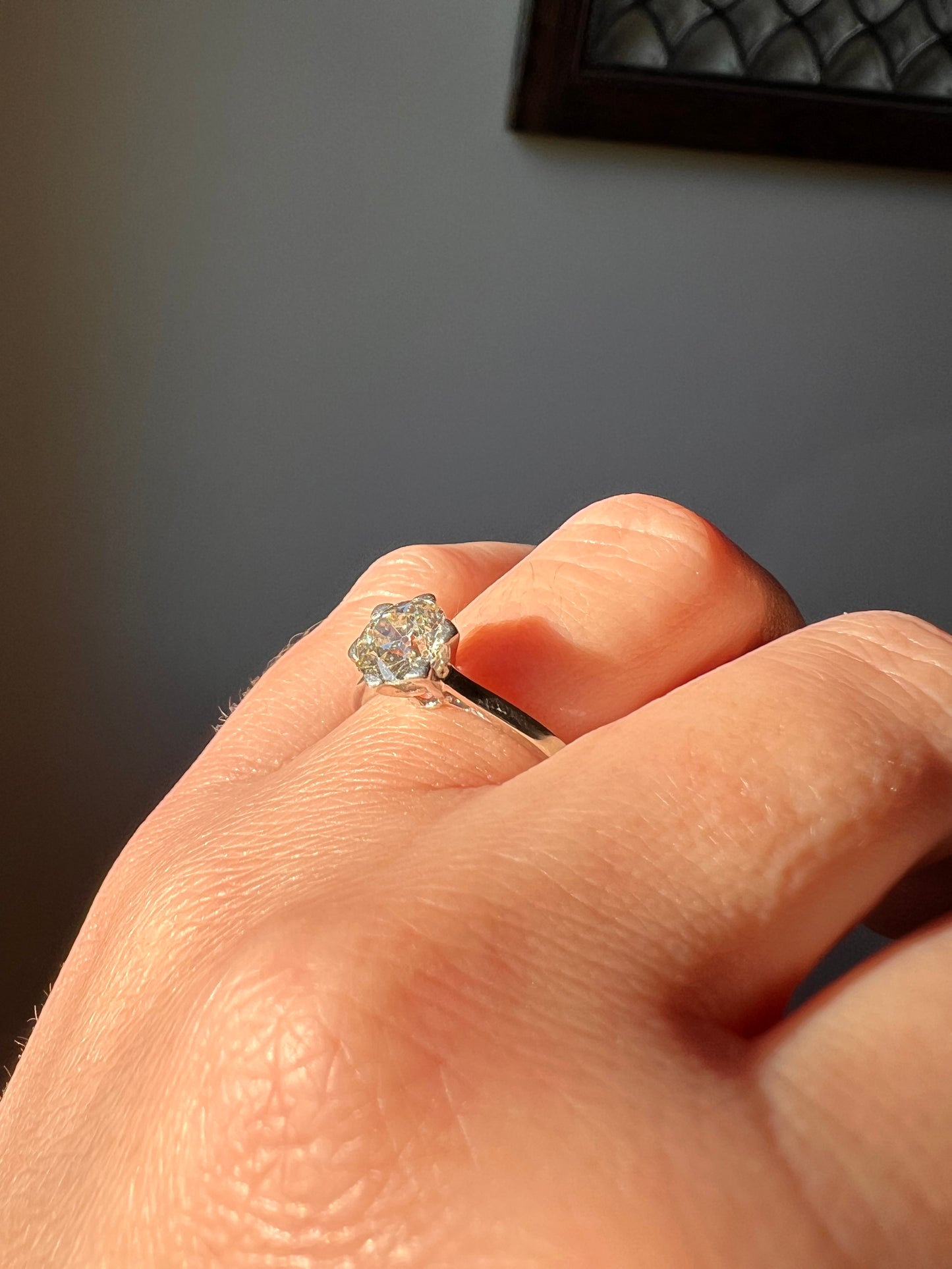 Antique 1 CARAT Old Mine Cut DIAMOND Solitaire Engagement Ring 18k White Gold PLATINUM French Art Deco Warm Very Pale Yellow Tall