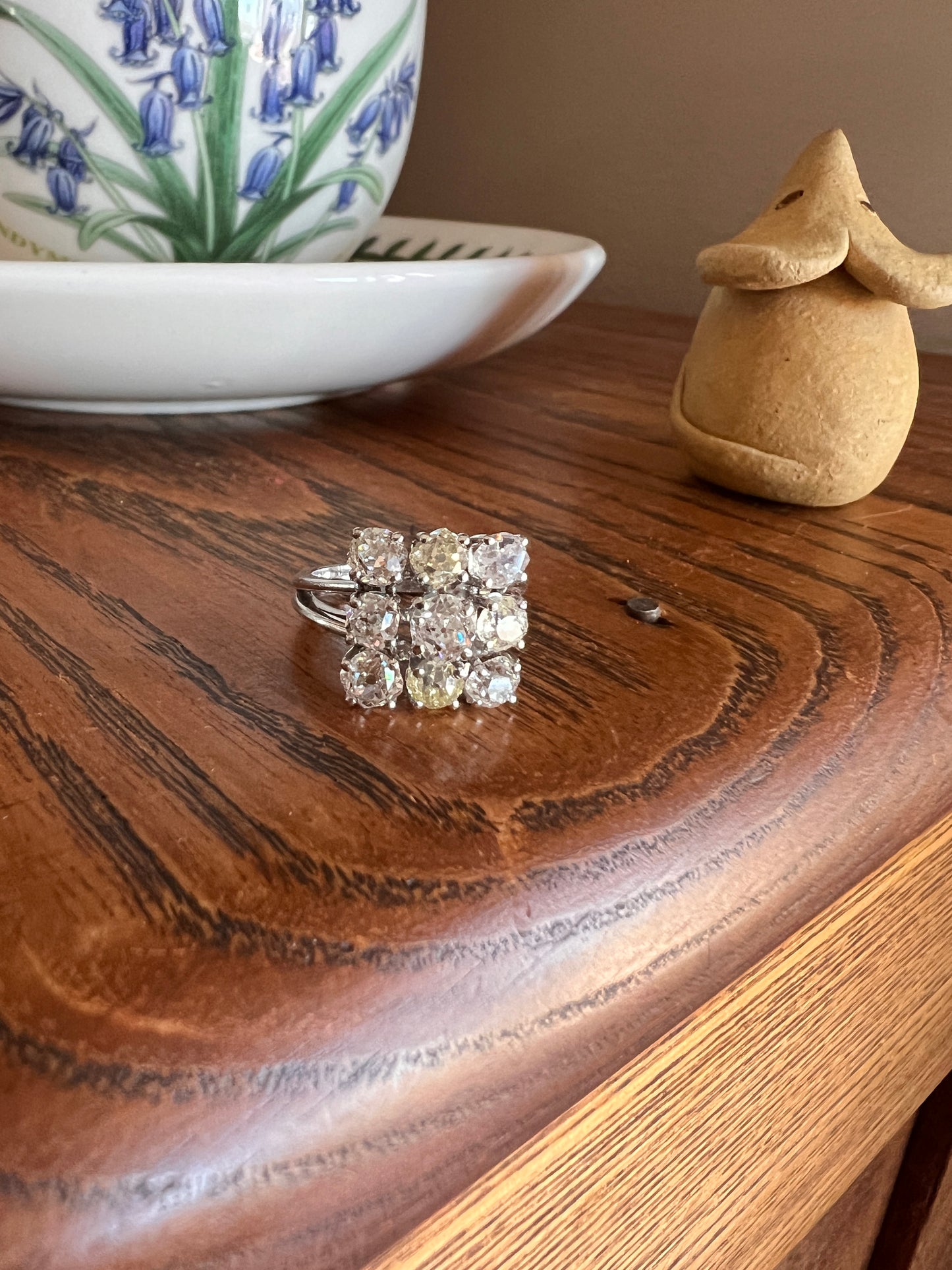 SQUARE Domed Grid French ANTIQUE 1.75 Carats Old Mine Cut Yellow & White DIAMOND Cluster Ring 18k White Gold