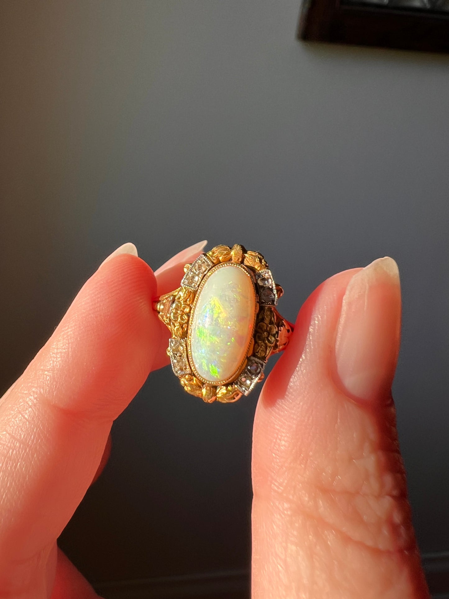 Unique OPAL Art NOUVEAU Floral Garland French Antique 18k Gold Rose Cut Diamond Ring Bows Forget Me Not Halo