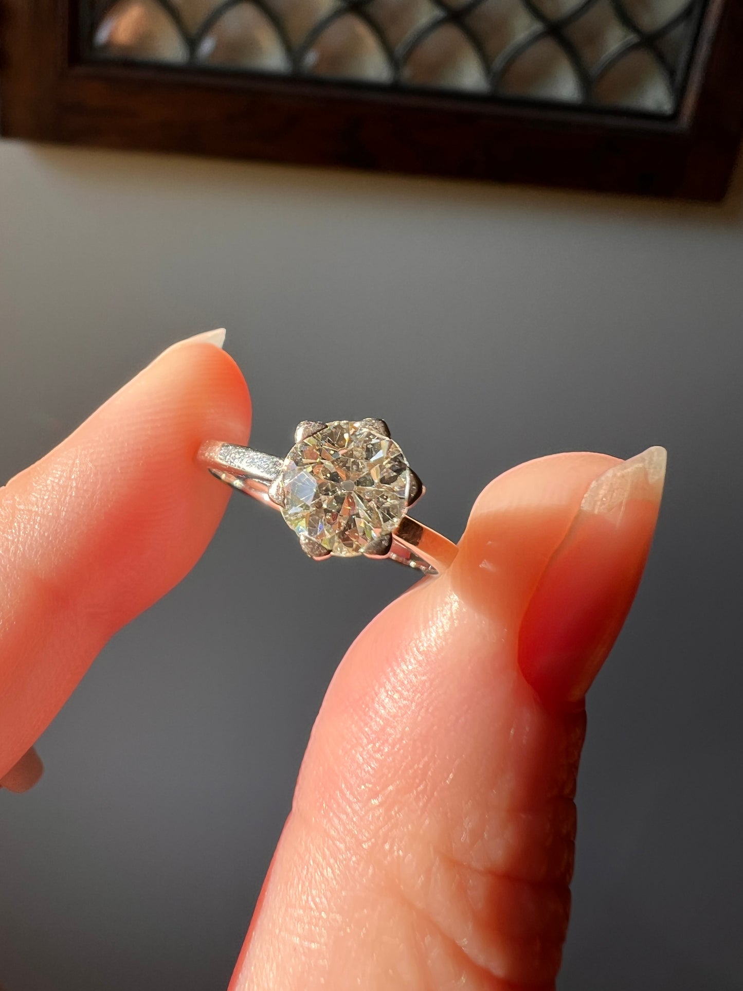 Antique 1 CARAT Old Mine Cut DIAMOND Solitaire Engagement Ring 18k White Gold PLATINUM French Art Deco Warm Very Pale Yellow Tall