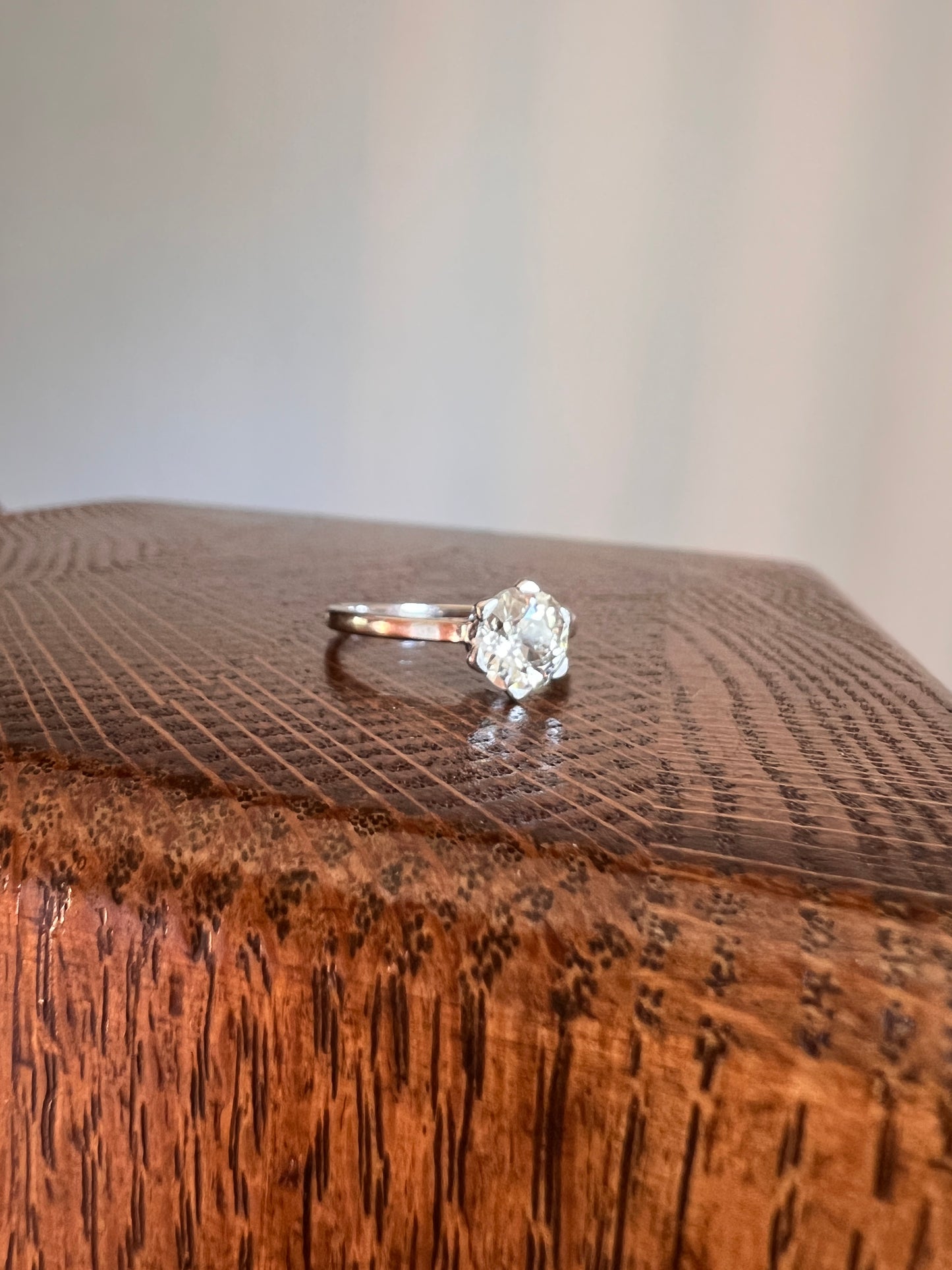 Antique 1 CARAT Old Mine Cut DIAMOND Solitaire Engagement Ring 18k White Gold PLATINUM French Art Deco Warm Very Pale Yellow Tall