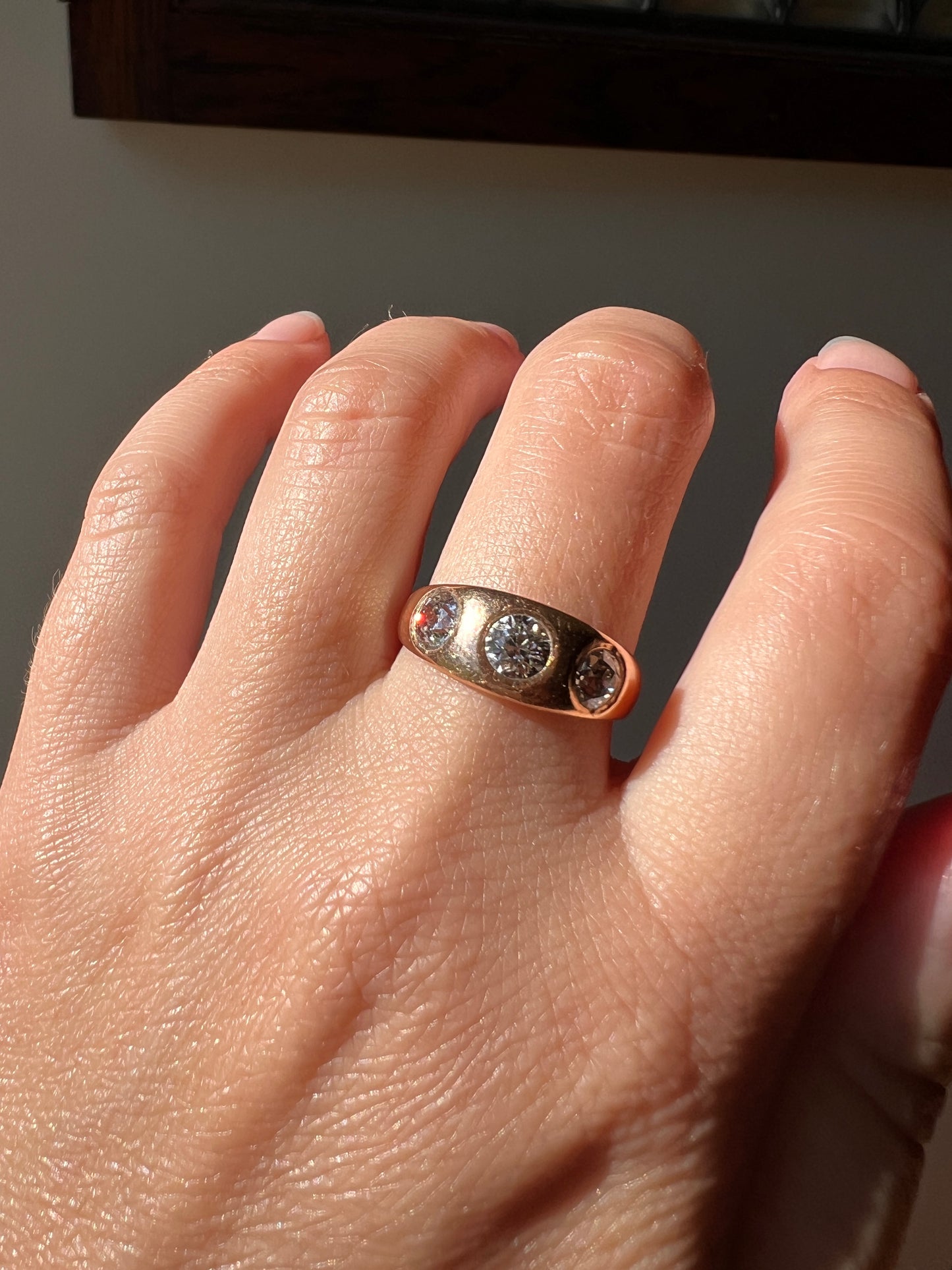 Three Stone 1.15 Carat Old European Cut ANTIQUE 18k Rose Gold Ring Gypsy Band French Unisex