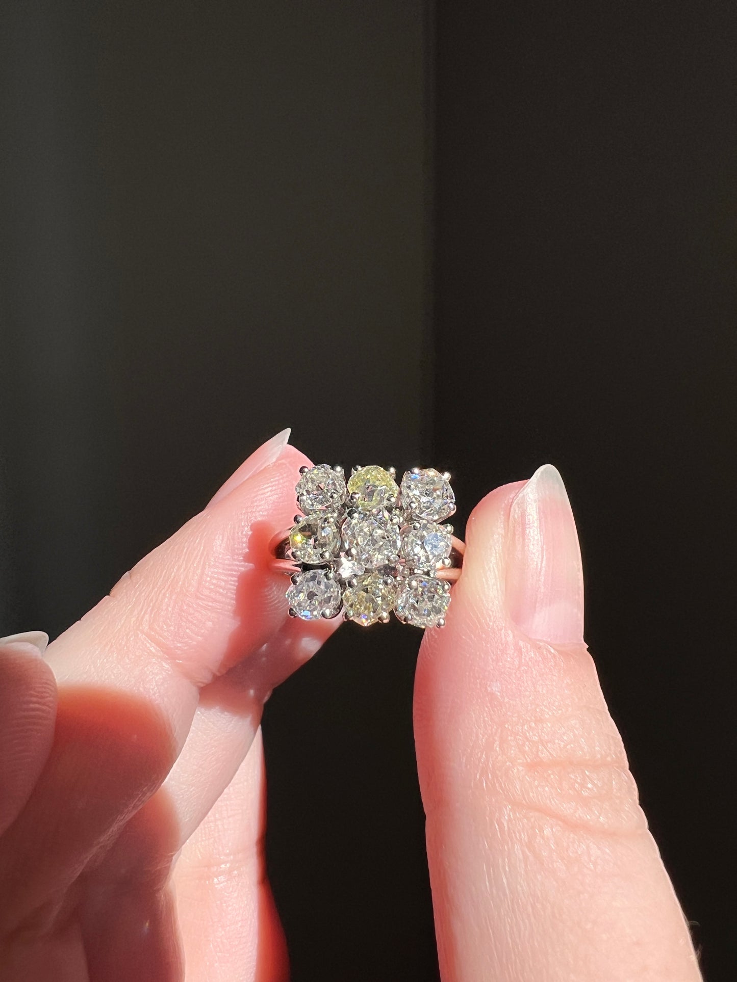 SQUARE Domed Grid French ANTIQUE 1.75 Carats Old Mine Cut Yellow & White DIAMOND Cluster Ring 18k White Gold