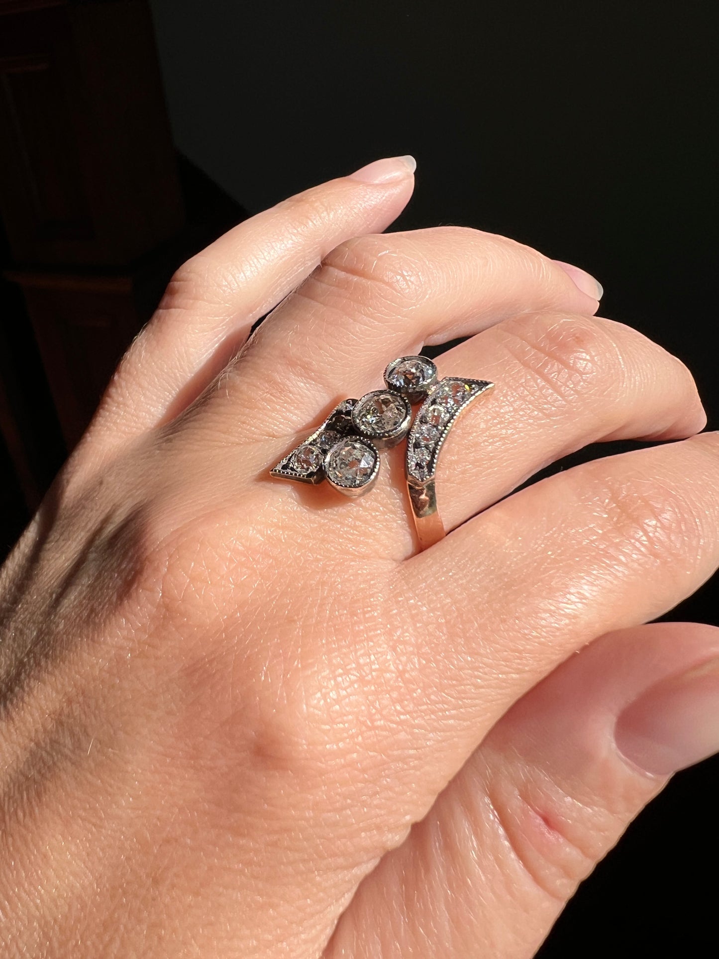 BYPASS Antique 2.1 CARATS Old Mine Cut DIAMOND Chunky Ring 14k Gold & Silver
