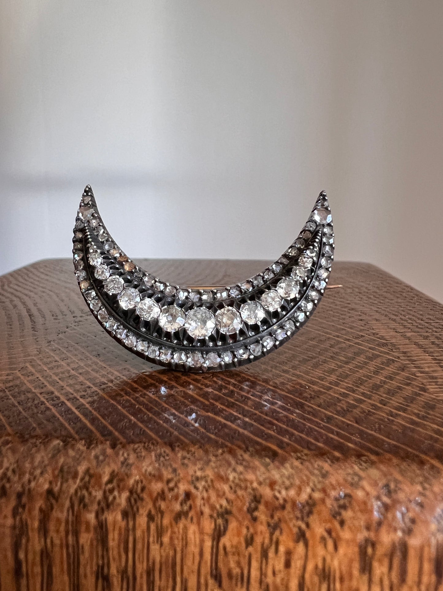 Special XL Crescent MOON 2 3/4 Carats Rose Old Mine European Cut DIAMOND Brooch Pendant French Antique 14k Rose Gold Silver