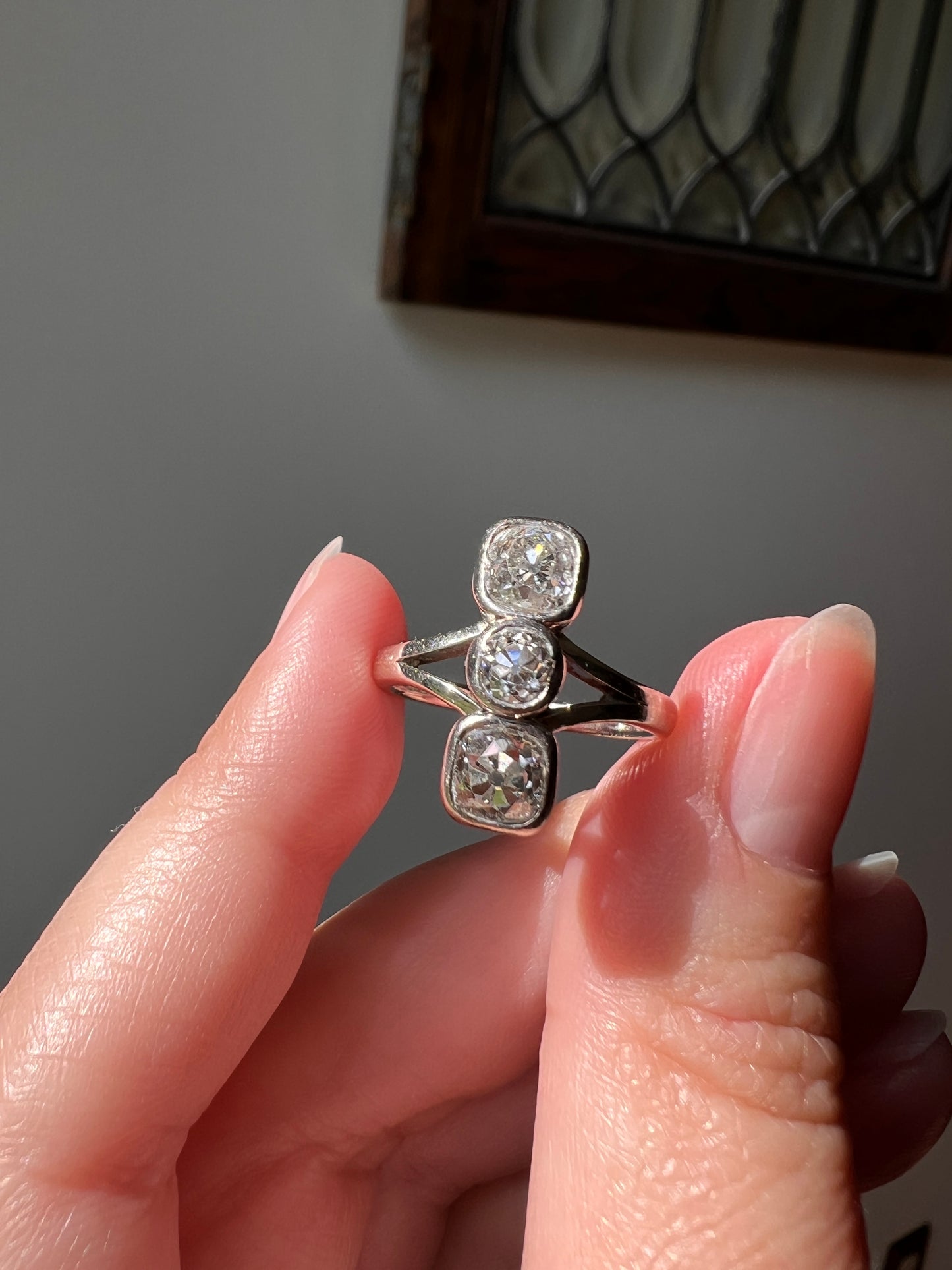 Three Stone 1.75 CARAT Old Mine Cut DIAMOND French Antique 18k White Gold Ring