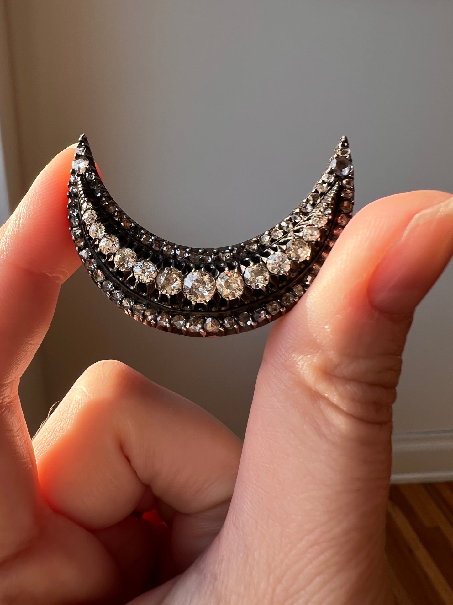 Special XL Crescent MOON 2 3/4 Carats Rose Old Mine European Cut DIAMOND Brooch Pendant French Antique 14k Rose Gold Silver