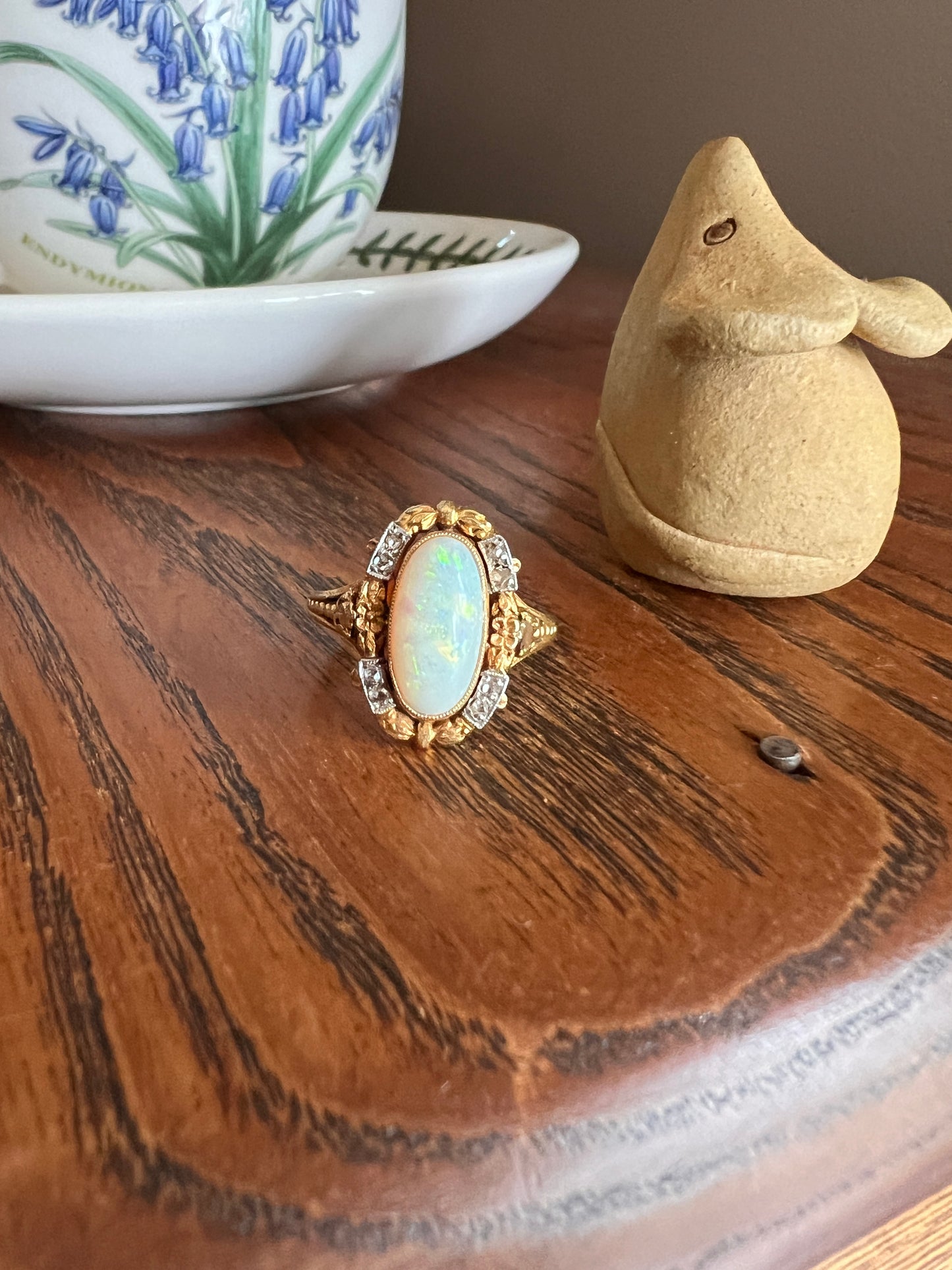 Unique OPAL Art NOUVEAU Floral Garland French Antique 18k Gold Rose Cut Diamond Ring Bows Forget Me Not Halo