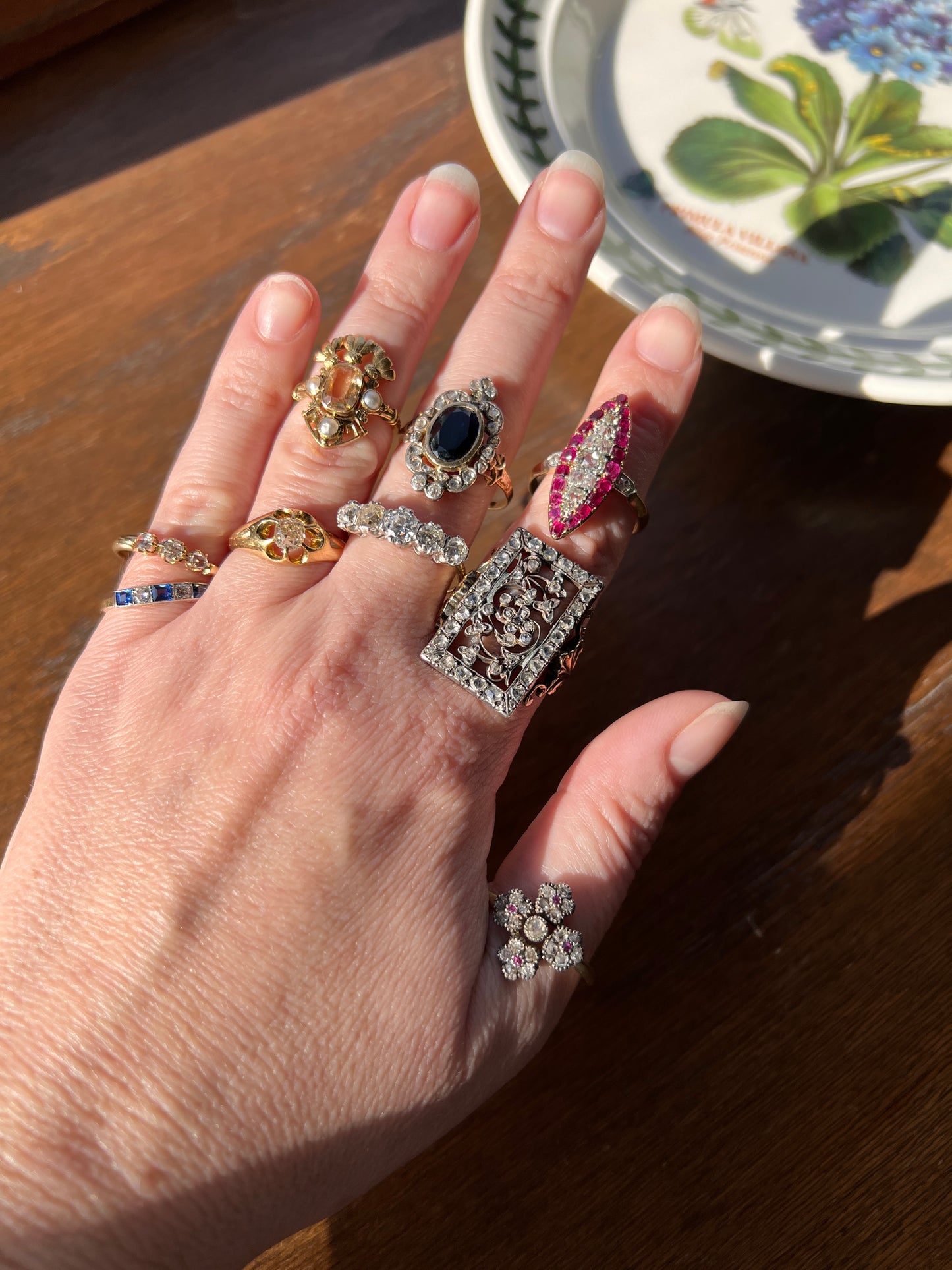Cruciform FLORAL Rose Old Mine Cut DIAMOND Encrusted Ring Ruby Center French Georgian Victorian Antique 18k Gold