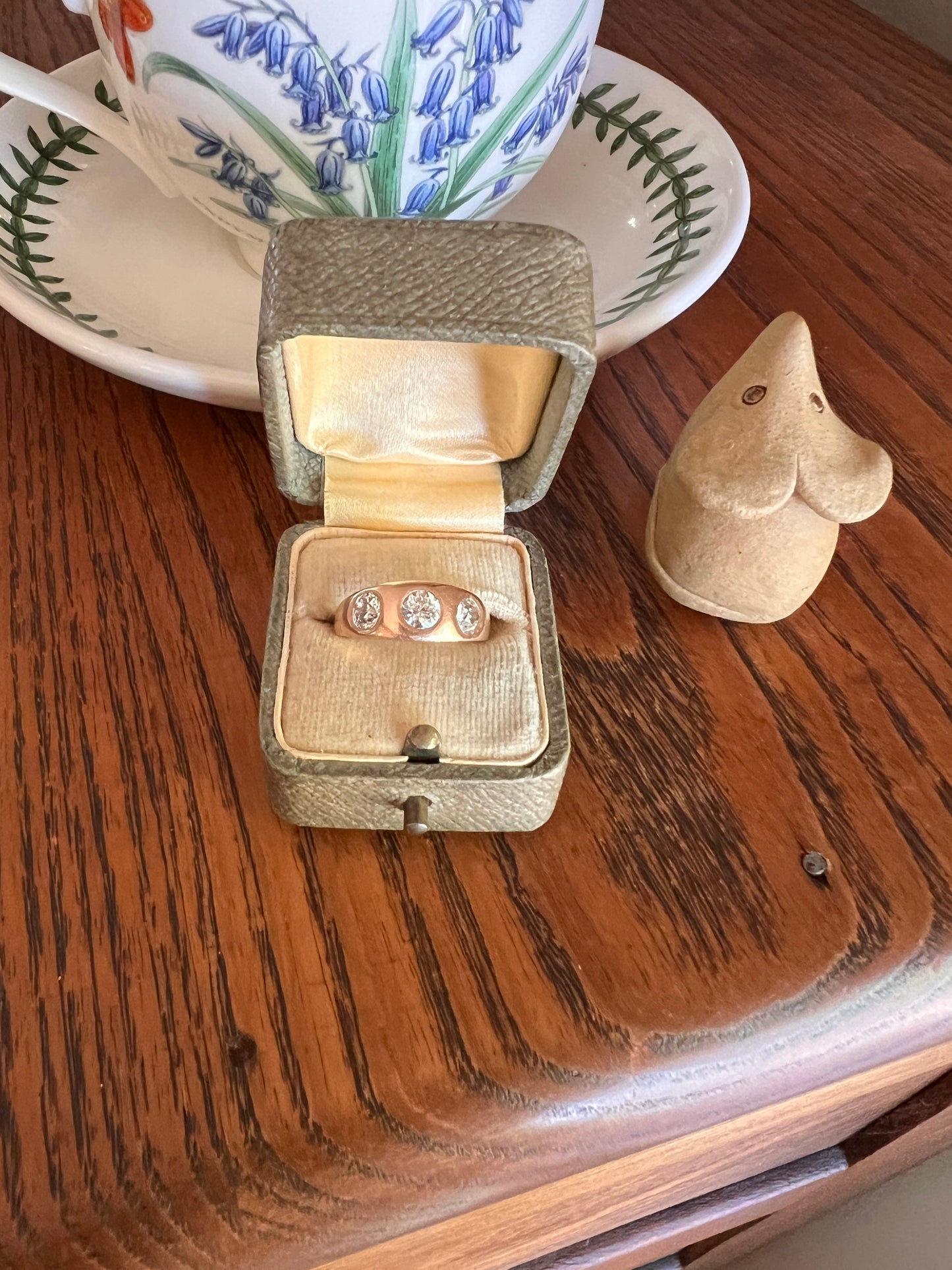 Three Stone 1.15 Carat Old European Cut ANTIQUE 18k Rose Gold Ring Gypsy Band French Unisex