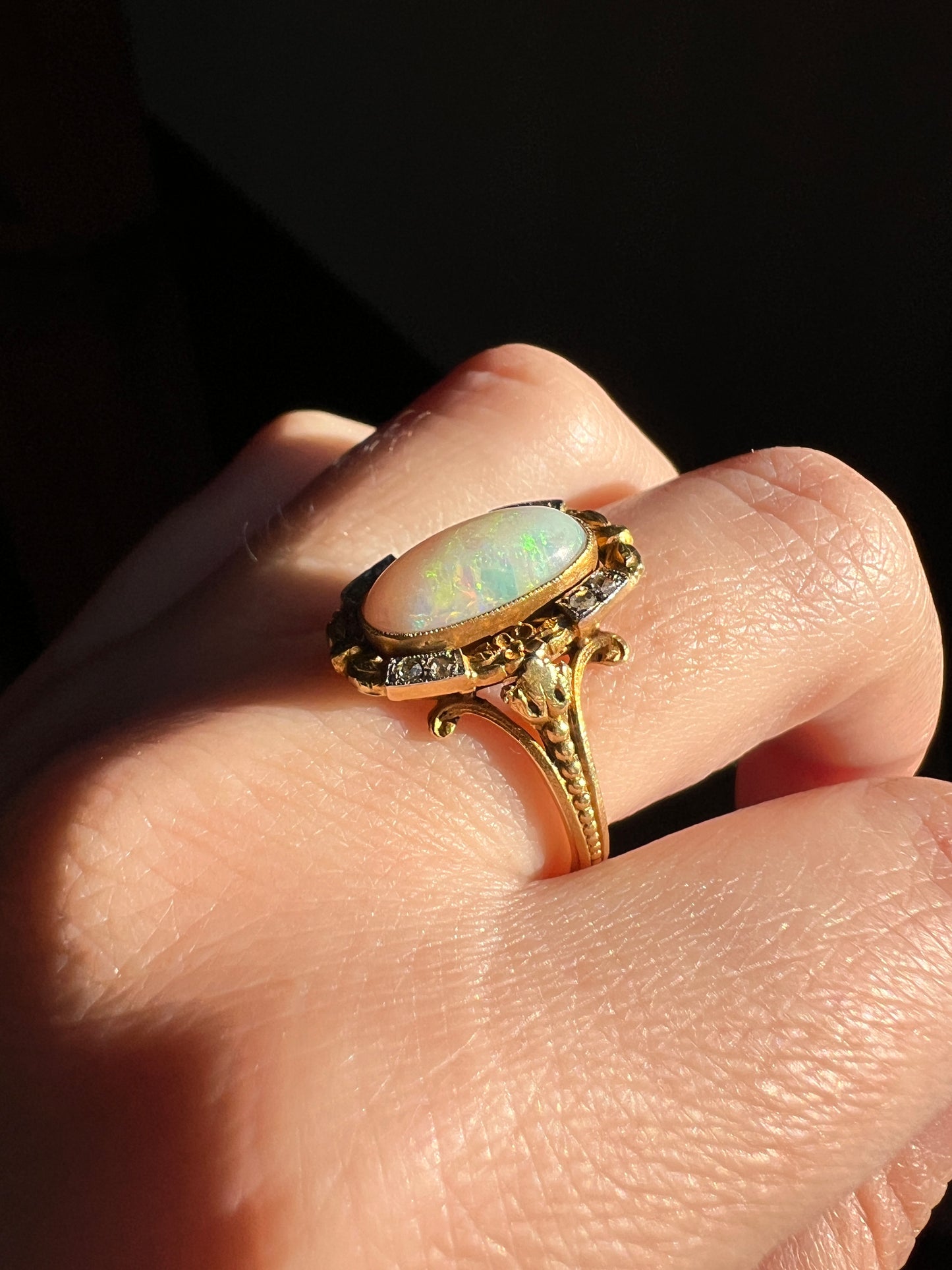 Unique OPAL Art NOUVEAU Floral Garland French Antique 18k Gold Rose Cut Diamond Ring Bows Forget Me Not Halo