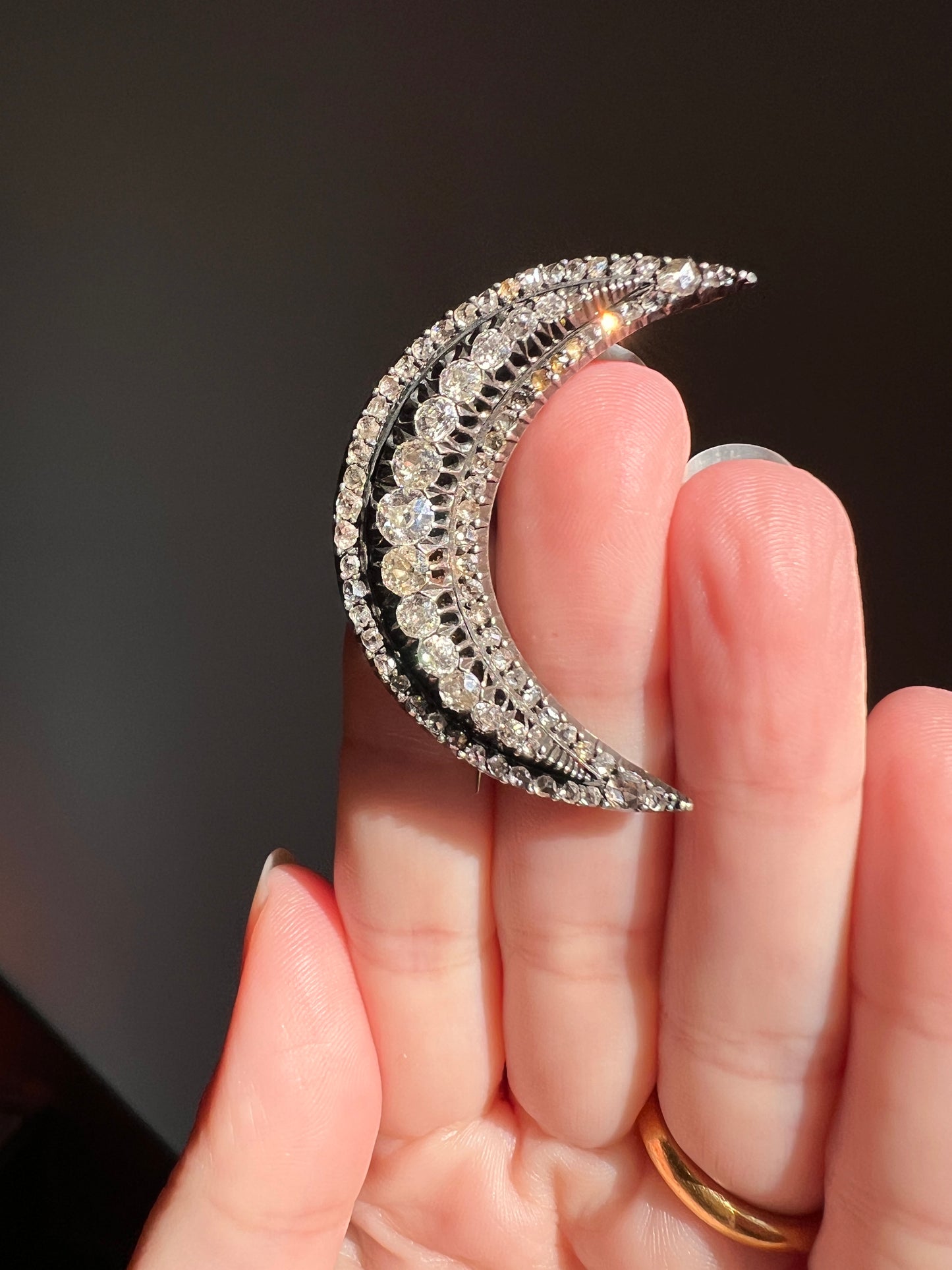 Special XL Crescent MOON 2 3/4 Carats Rose Old Mine European Cut DIAMOND Brooch Pendant French Antique 14k Rose Gold Silver